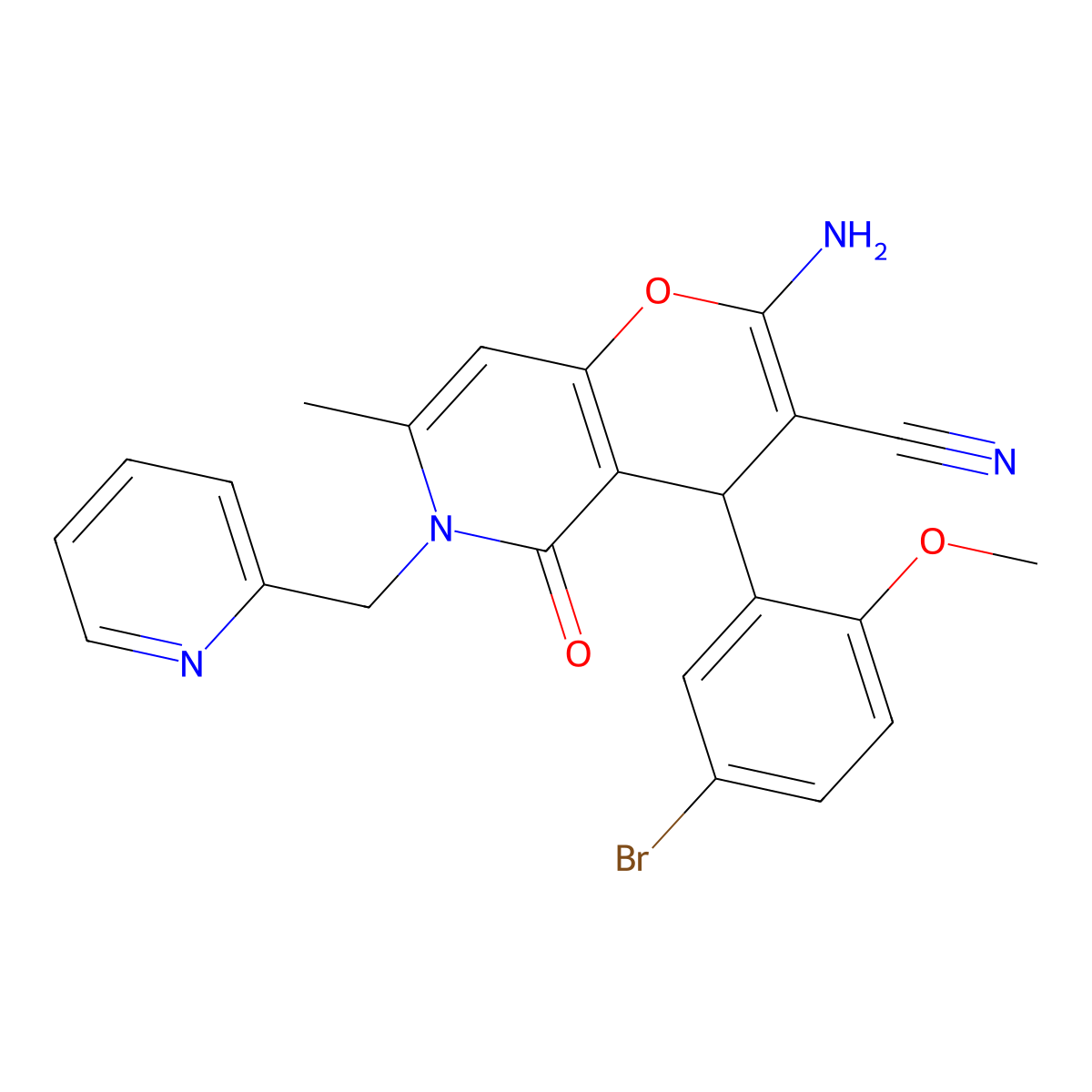 2-amino-4-(5-bromo-2-methoxyphenyl)-7-methyl-5-oxo-6-(pyridin-2-ylmethyl)-5,6-dihydro-4H-pyrano[3,2-c]pyridine-3-carbonitrile molecular structure, CAS 846587-69-7