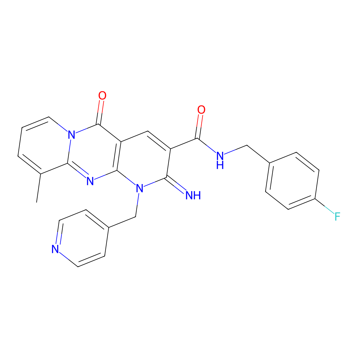 N-[(4-Fluorophenyl)methyl]-6-imino-11-methyl-2-oxo-7-(pyridin-4-ylmethyl)-1,7,9-triazatricyclo[8.4.0.03,8]tetradeca-3(8),4,9,11,13-pentaene-5-carboxamide molecular structure, CAS 846589-08-0