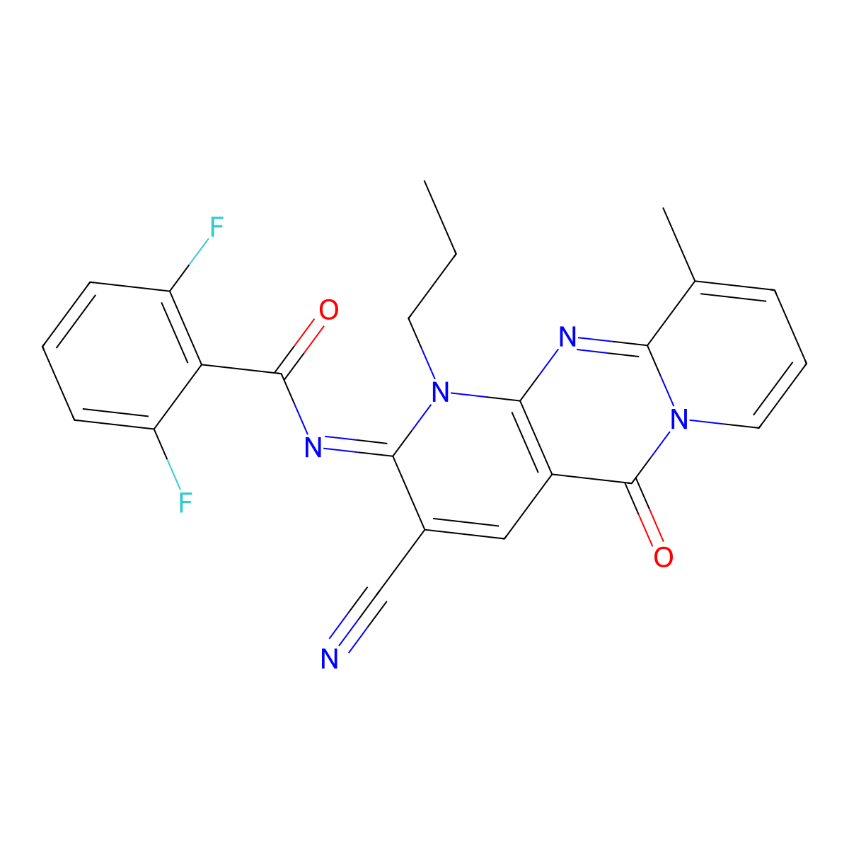 N-(3-cyano-10-methyl-5-oxo-1-propyl-1,5-dihydro-2H-dipyrido[1,2-a:2,3-d]pyrimidin-2-ylidene)-2,6-difluorobenzamide molecular structure, CAS 846589-37-5