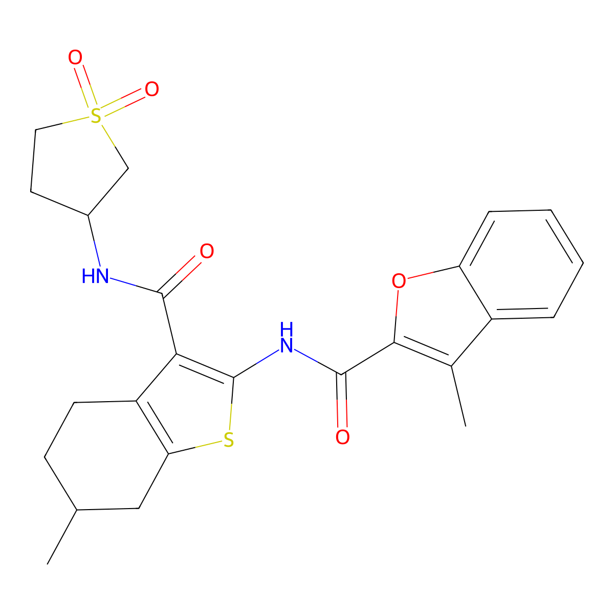 N-{3-[(1,1-dioxidotetrahydrothiophen-3-yl)carbamoyl]-6-methyl-4,5,6,7-tetrahydro-1-benzothiophen-2-yl}-3-methyl-1-benzofuran-2-carboxamide molecular structure, CAS 846589-72-8