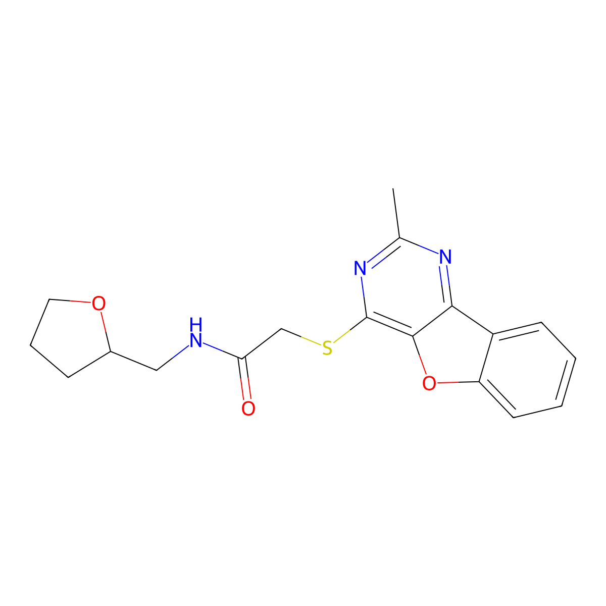 2-((2-methylbenzofuro[3,2-d]pyrimidin-4-yl)thio)-N-((tetrahydrofuran-2-yl)methyl)acetamide molecular structure, CAS 846590-67-8