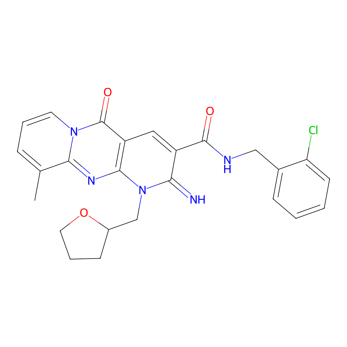 N-[(2-chlorophenyl)methyl]-6-imino-11-methyl-2-oxo-7-[(oxolan-2-yl)methyl]-1,7,9-triazatricyclo[8.4.0.0^{3,8}]tetradeca-3(8),4,9,11,13-pentaene-5-carboxamide molecular structure, CAS 846590-97-4