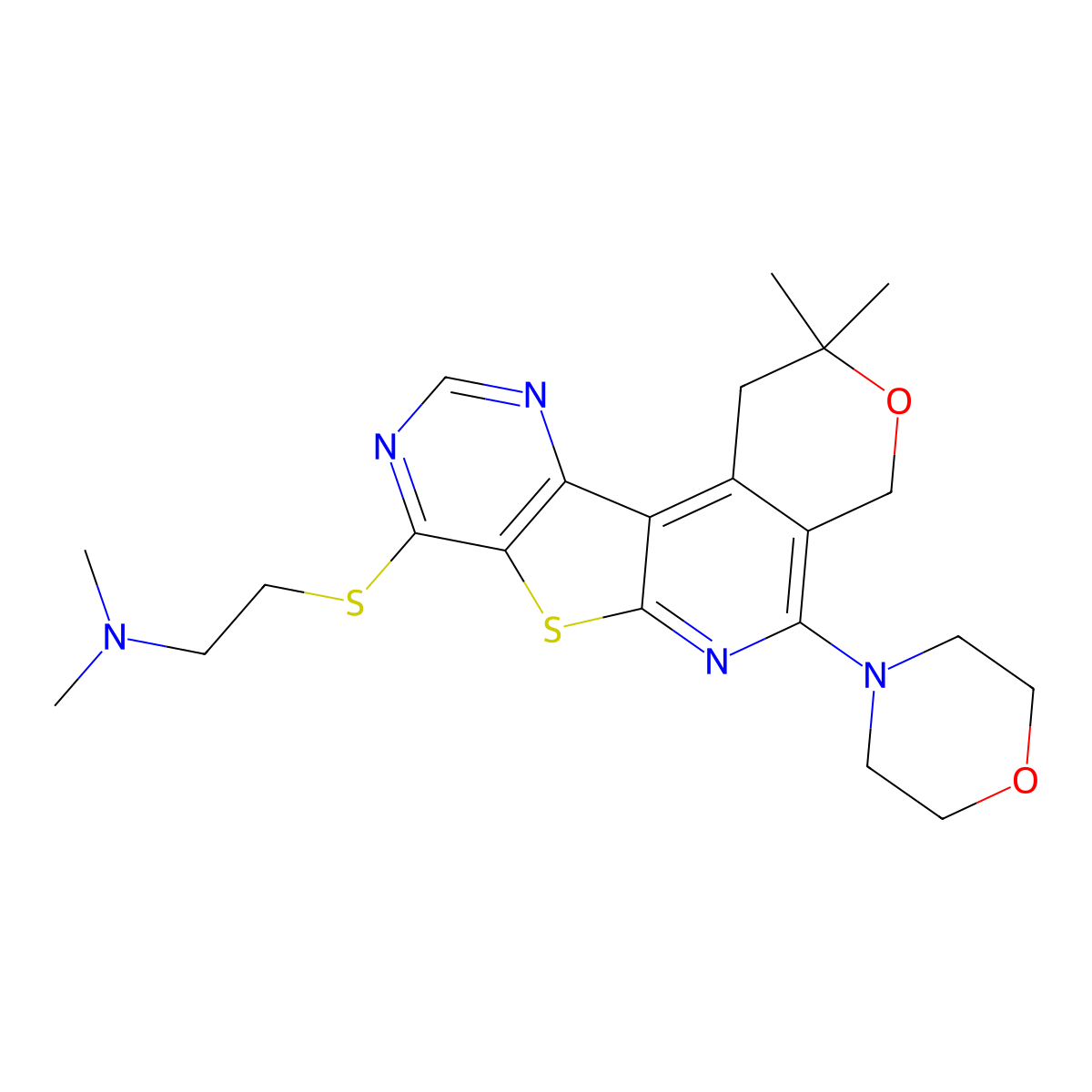 2-((2,2-dimethyl-5-morpholino-2,4-dihydro-1H-pyrano[4'',3'':4',5']pyrido[3',2':4,5]thieno[3,2-d]pyrimidin-8-yl)thio)-N,N-dimethylethanamine molecular structure, CAS 846591-38-6
