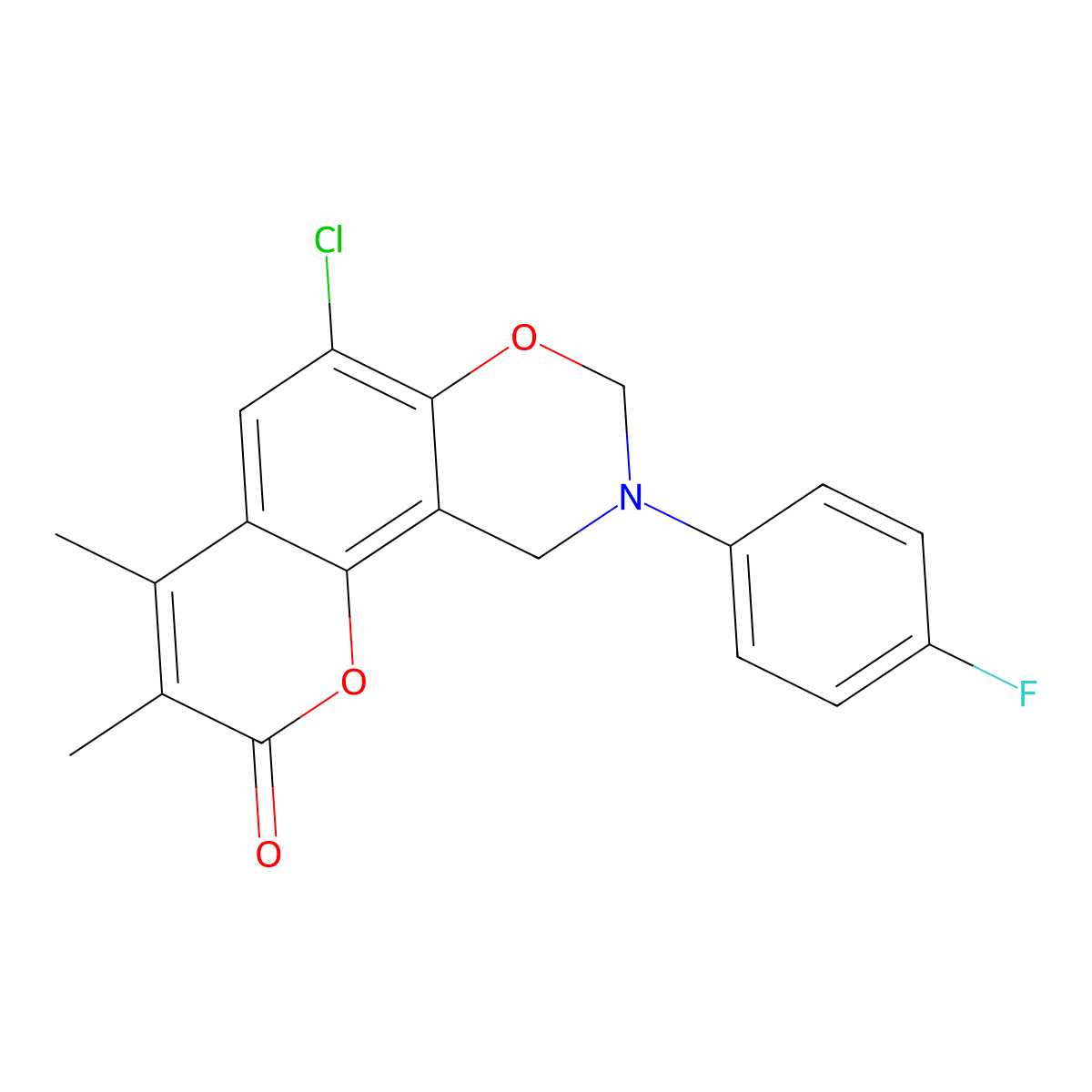 6-chloro-9-(4-fluorophenyl)-3,4-dimethyl-9,10-dihydro-2H,8H-chromeno[8,7-e][1,3]oxazin-2-one molecular structure, CAS 846591-78-4