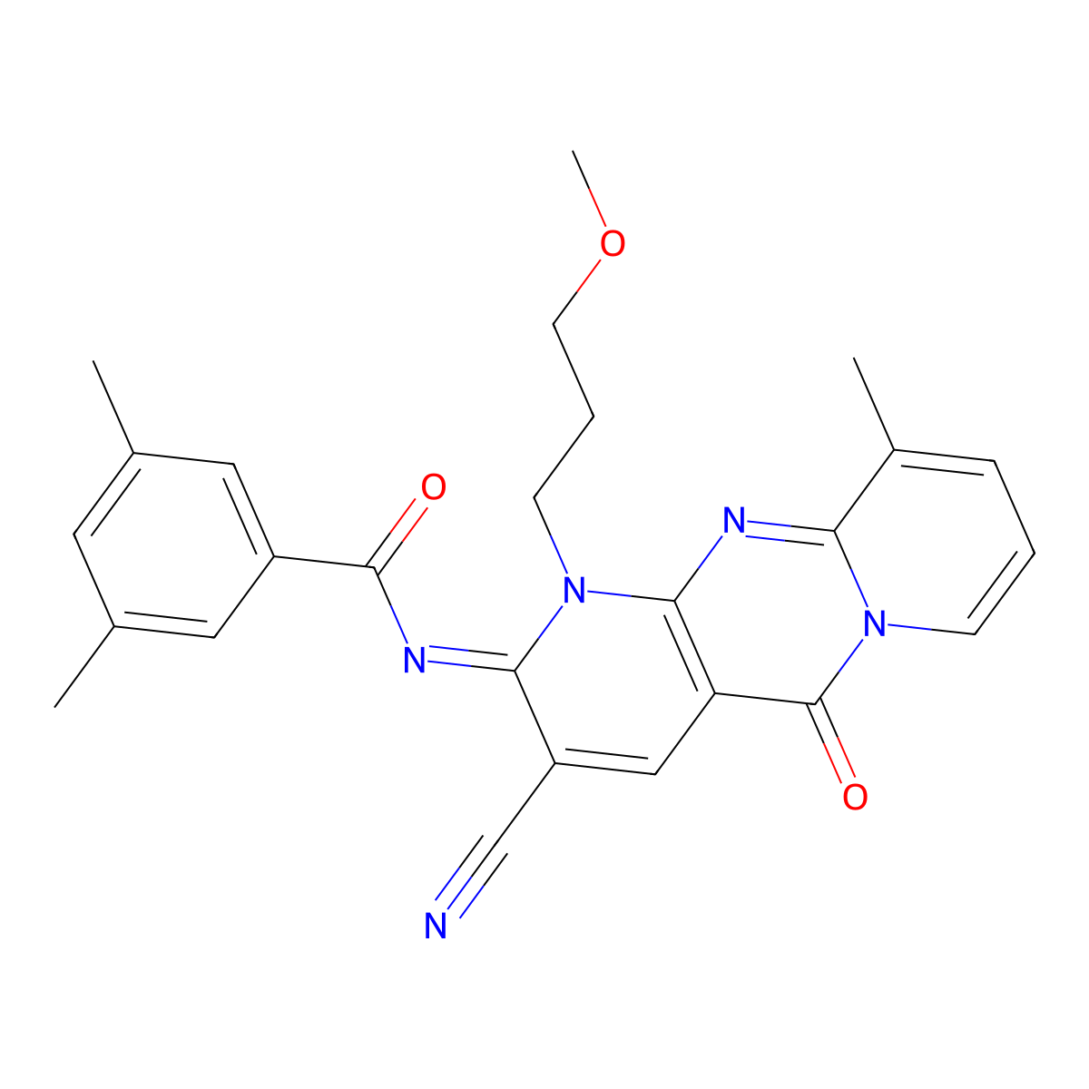 N-[3-cyano-1-(3-methoxypropyl)-10-methyl-5-oxo-1,5-dihydro-2H-dipyrido[1,2-a:2,3-d]pyrimidin-2-ylidene]-3,5-dimethylbenzamide molecular structure, CAS 846592-12-9