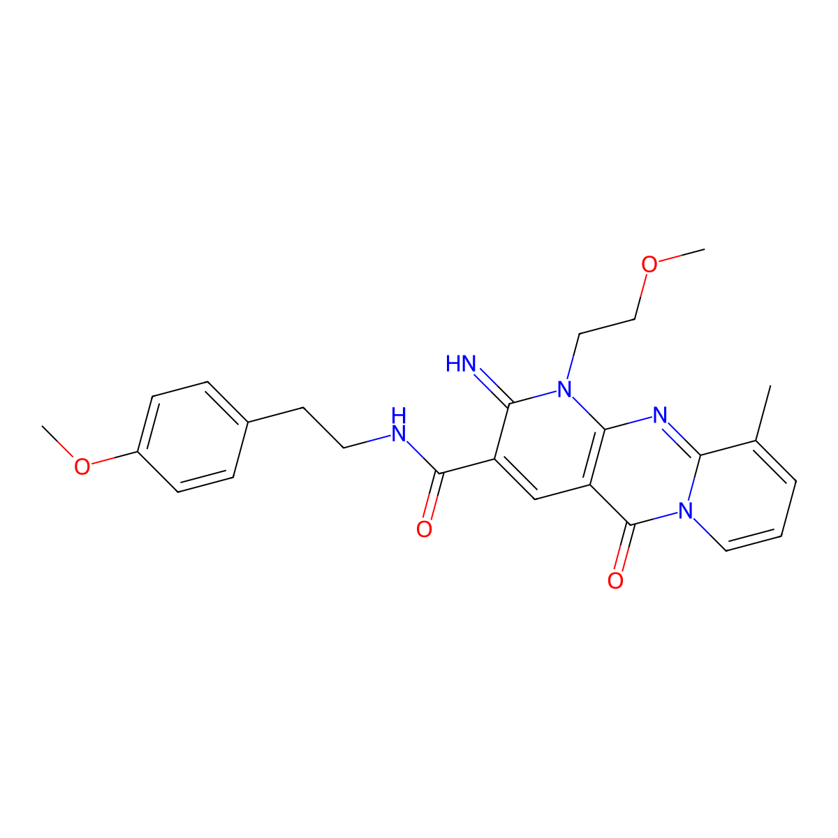 6-imino-7-(2-methoxyethyl)-N-[2-(4-methoxyphenyl)ethyl]-11-methyl-2-oxo-1,7,9-triazatricyclo[8.4.0.0^{3,8}]tetradeca-3(8),4,9,11,13-pentaene-5-carboxamide molecular structure, CAS 846592-72-1