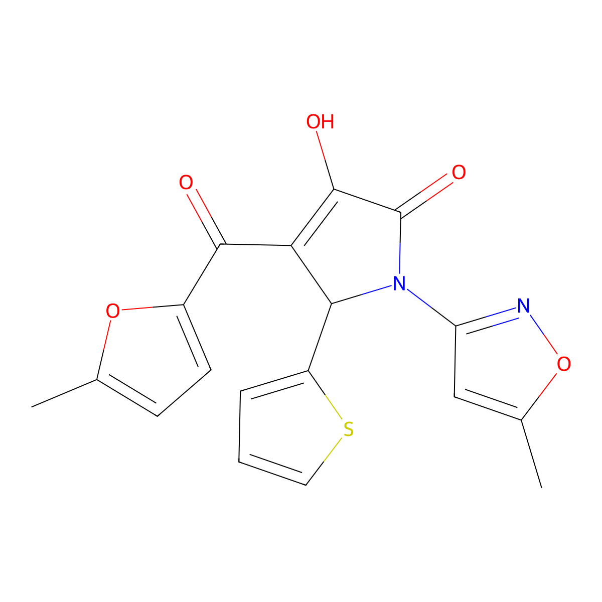 (4E)-4-[hydroxy(5-methylfuran-2-yl)methylidene]-1-(5-methyl-1,2-oxazol-3-yl)-5-(thiophen-2-yl)pyrrolidine-2,3-dione molecular structure, CAS 846594-57-8