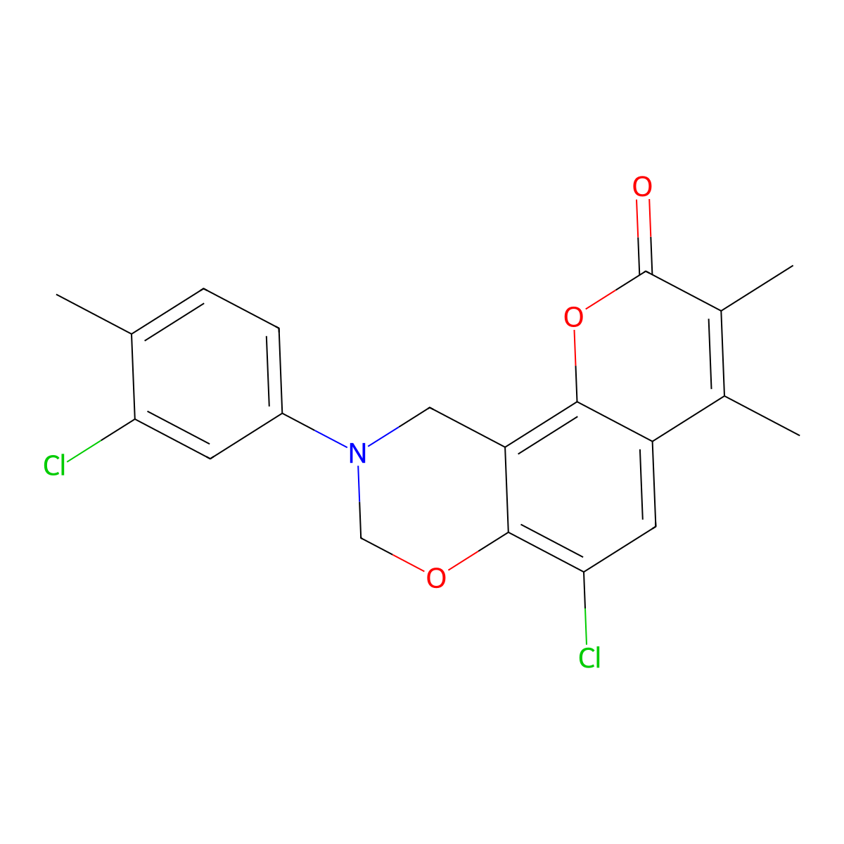 6-chloro-9-(3-chloro-4-methylphenyl)-3,4-dimethyl-9,10-dihydro-2H,8H-chromeno[8,7-e][1,3]oxazin-2-one molecular structure, CAS 846594-60-3