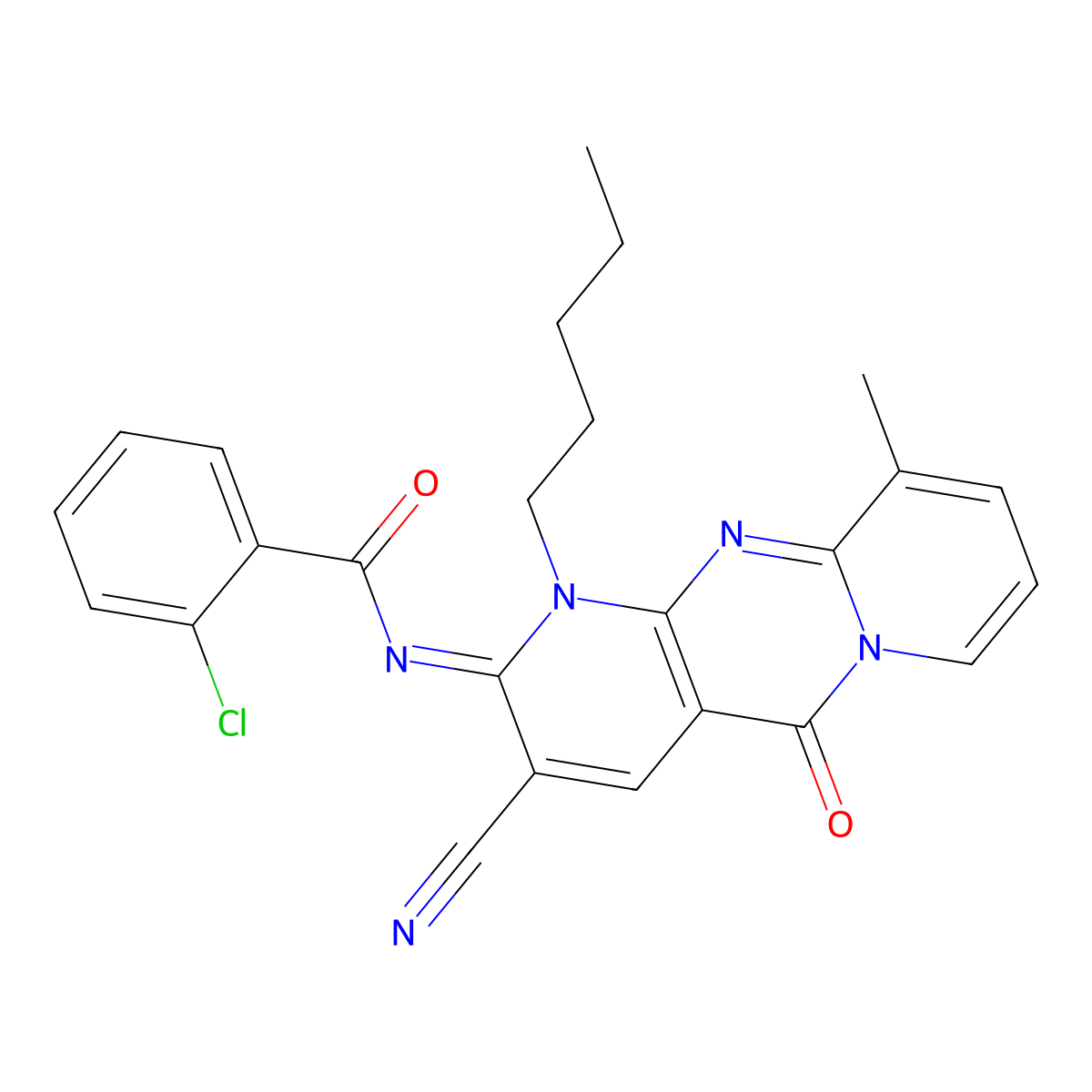 (E)-2-chloro-N-(3-cyano-10-methyl-5-oxo-1-pentyl-1H-dipyrido[1,2-a:2',3'-d]pyrimidin-2(5H)-ylidene)benzamide molecular structure, CAS 846594-95-4