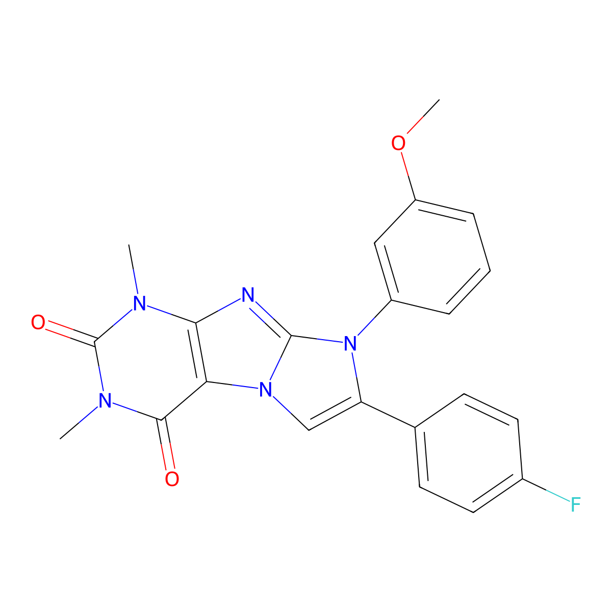 7-(4-fluorophenyl)-8-(3-methoxyphenyl)-1,3-dimethyl-1H-imidazo[2,1-f]purine-2,4(3H,8H)-dione molecular structure, CAS 846596-11-0