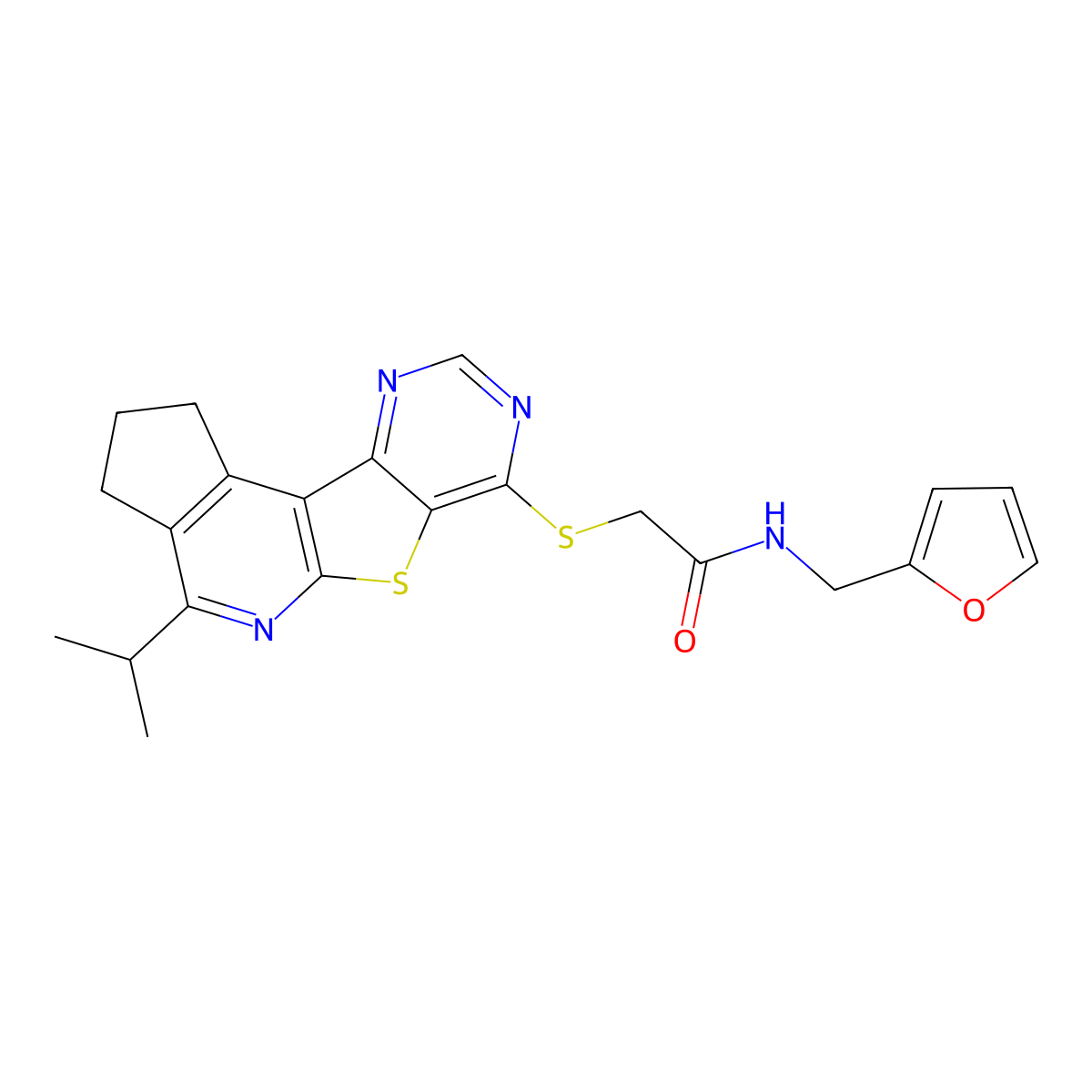 N-(Furan-2-ylmethyl)-2-((4-isopropyl-2,3-dihydro-1H-cyclopenta[4',5']pyrido[3',2':4,5]thieno[3,2-d]pyrimidin-7-yl)thio)acetamide molecular structure, CAS 846596-25-6