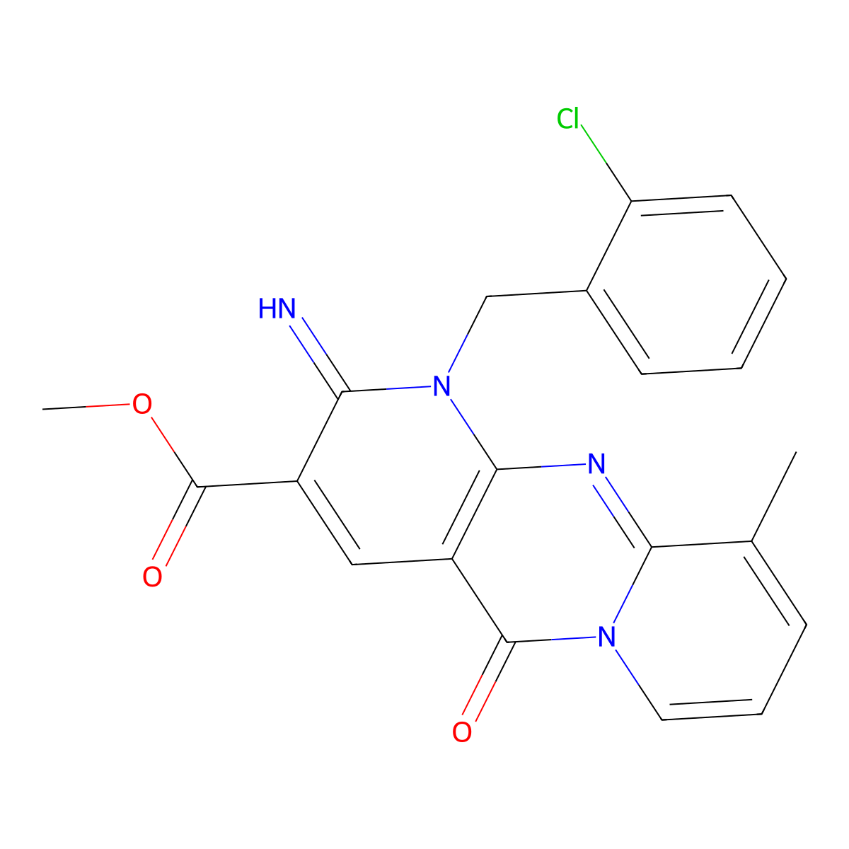 methyl 1-(2-chlorobenzyl)-2-imino-10-methyl-5-oxo-1,5-dihydro-2H-dipyrido[1,2-a:2,3-d]pyrimidine-3-carboxylate molecular structure, CAS 846596-95-0