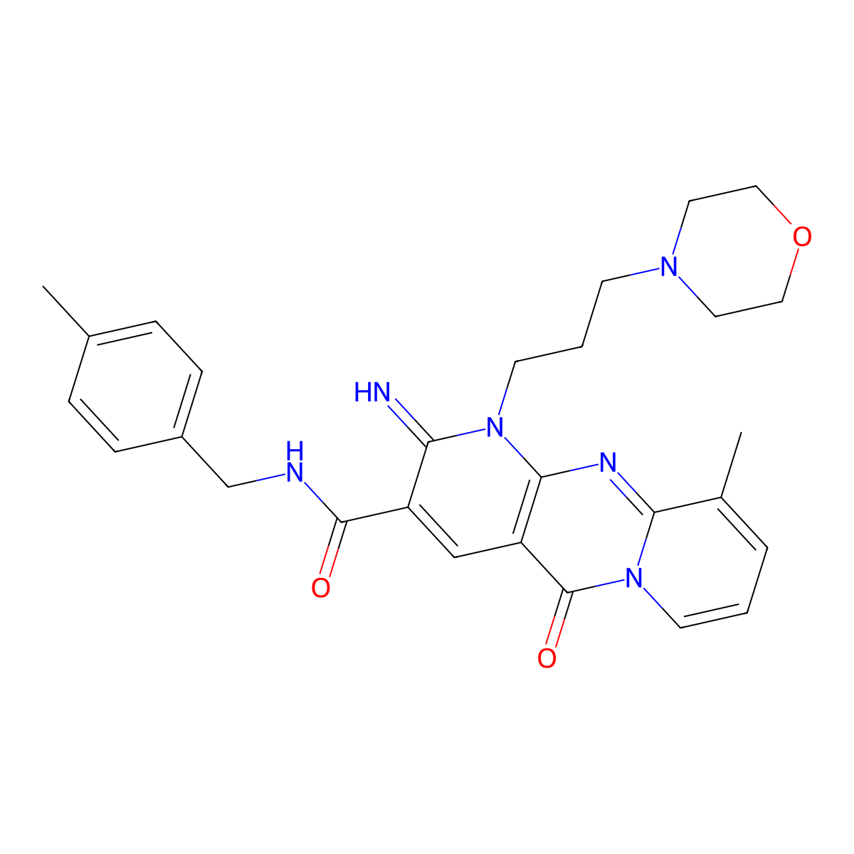 2-Imino-8-methyl-1-(3-morpholin-4-yl-propyl)-10-oxo-1,10-dihydro-2H-1,9,10a-triaza-anthracene-3-carb oxylic acid 4-methyl-benzylamide molecular structure, CAS 846597-44-2