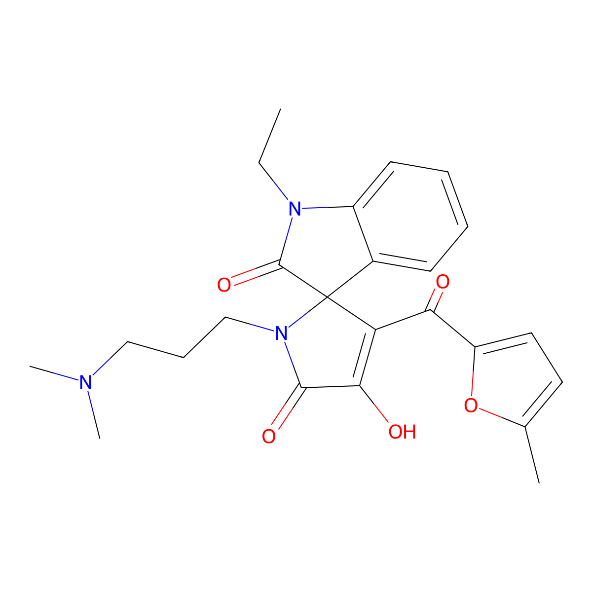 1'-[3-(dimethylamino)propyl]-1-ethyl-4'-hydroxy-3'-[(5-methylfuran-2-yl)carbonyl]spiro[indole-3,2'-pyrrole]-2,5'(1H,1'H)-dione molecular structure, CAS 846597-99-7