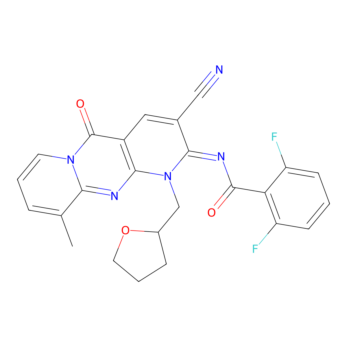 (E)-N-(3-cyano-10-methyl-5-oxo-1-((tetrahydrofuran-2-yl)methyl)-1H-dipyrido[1,2-a:2',3'-d]pyrimidin-2(5H)-ylidene)-2,6-difluorobenzamide molecular structure, CAS 846598-36-5