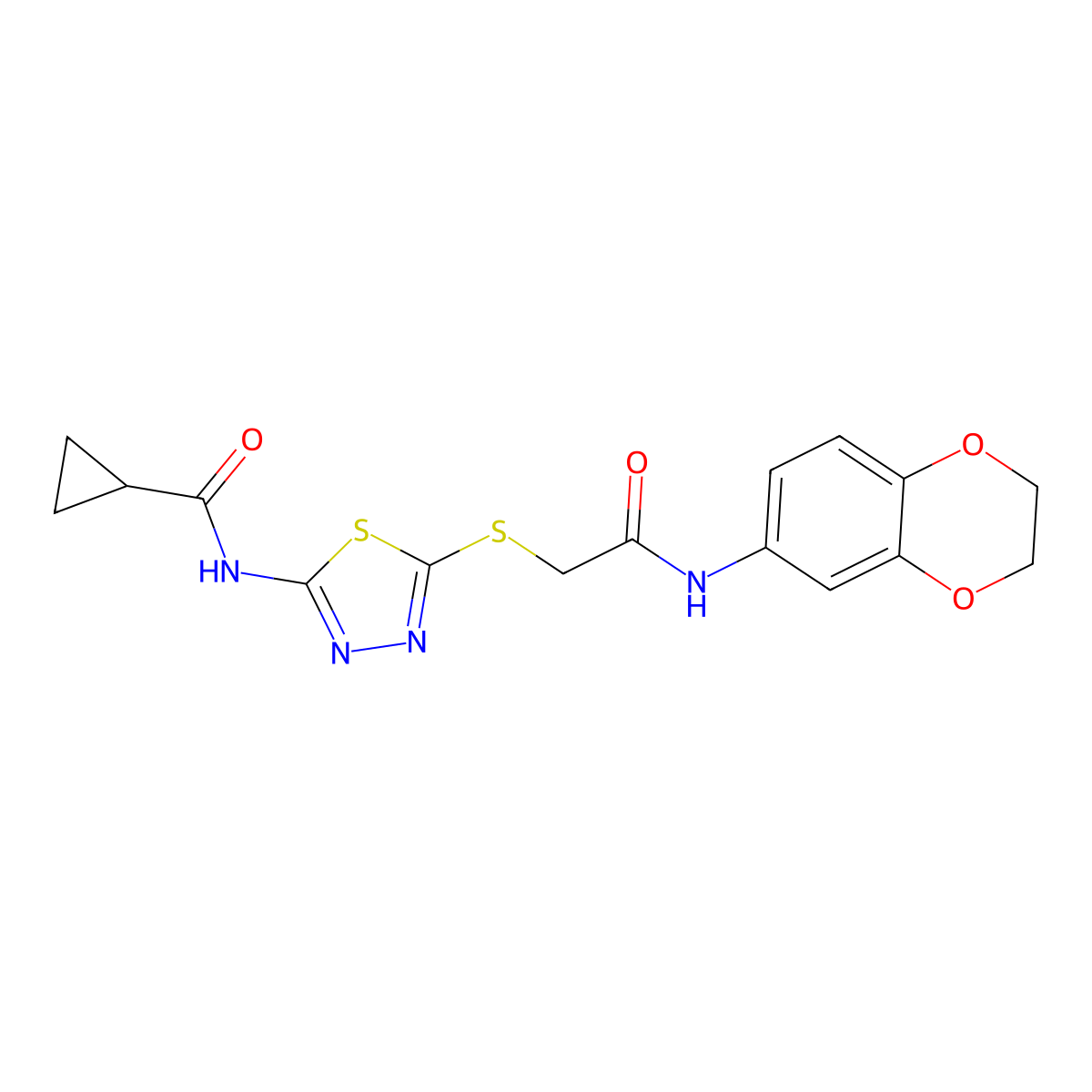 N-[5-[2-(2,3-dihydro-1,4-benzodioxin-6-ylamino)-2-oxoethyl]sulfanyl-1,3,4-thiadiazol-2-yl]cyclopropanecarboxamide molecular structure, CAS 846602-05-9