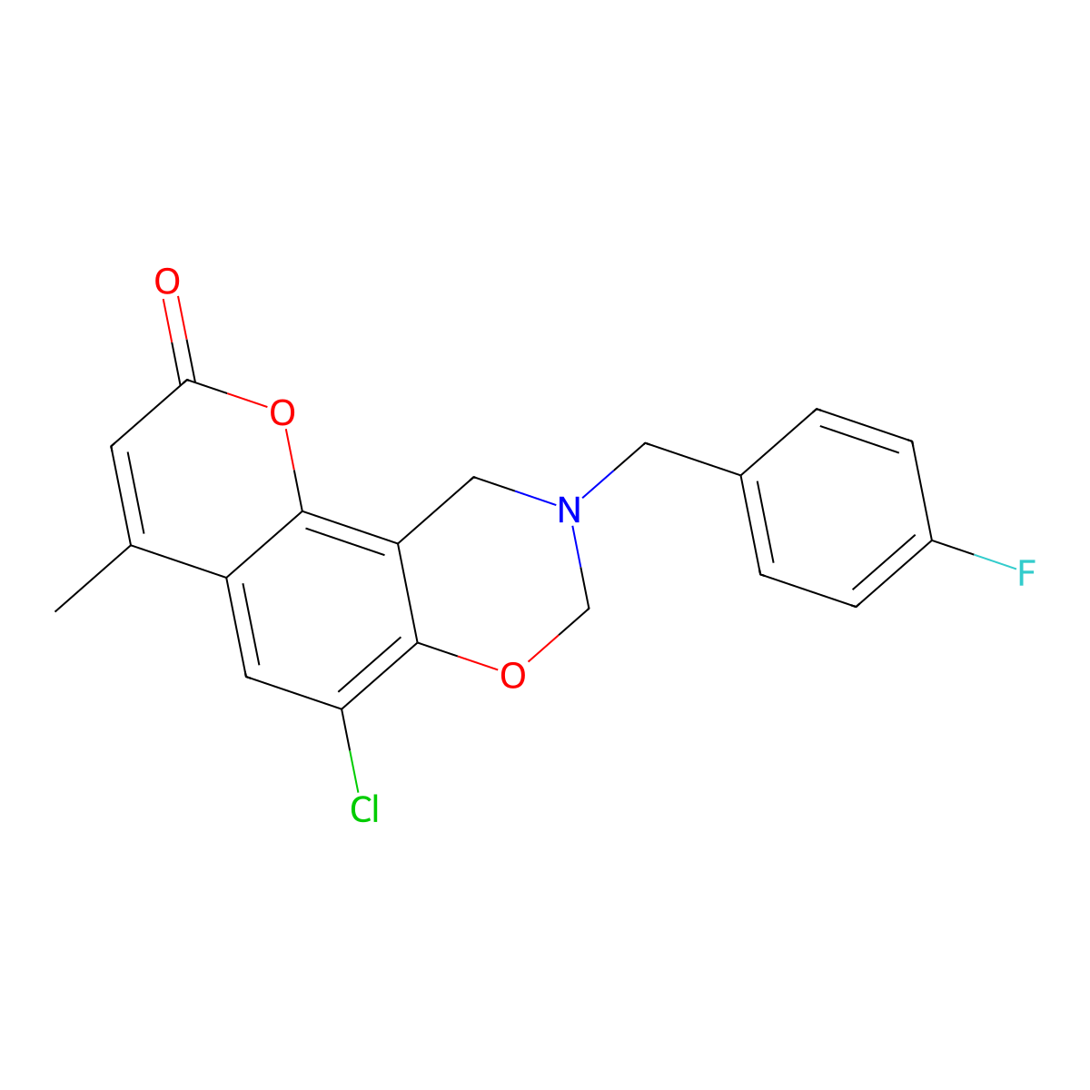 6-chloro-9-(4-fluorobenzyl)-4-methyl-9,10-dihydro-2H,8H-chromeno[8,7-e][1,3]oxazin-2-one molecular structure, CAS 847034-54-2