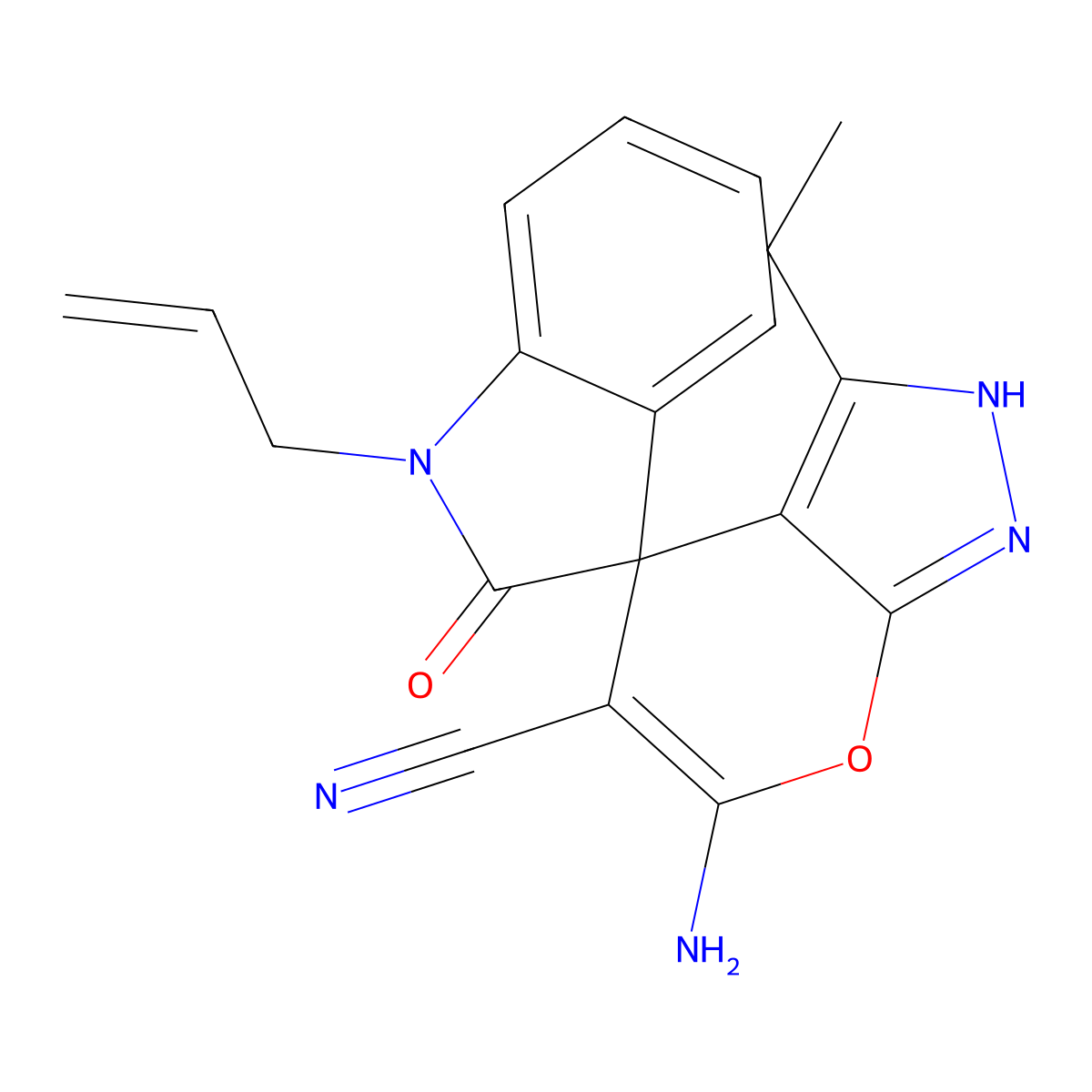 6-amino-3-ethyl-2,4-dihydropyrano[2,3-c]pyrazole-5-carbonitrile-4-spiro-3'-(1'-allyl-1',3'-dihydro-2'H-indol-2'-one) molecular structure, CAS 847035-00-1