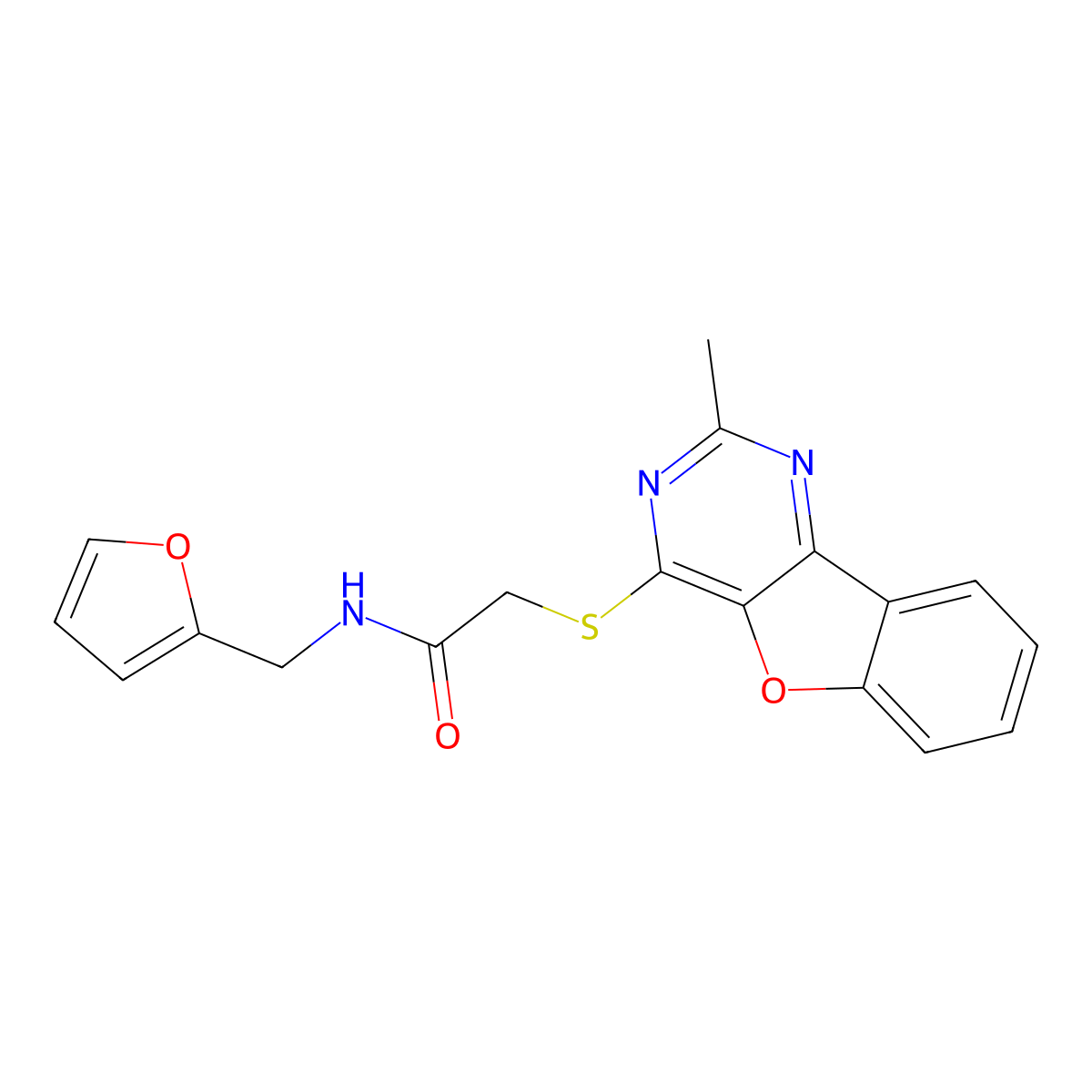 N-(furan-2-ylmethyl)-2-[(2-methyl-[1]benzofuro[3,2-d]pyrimidin-4-yl)sulfanyl]acetamide molecular structure, CAS 847035-47-6
