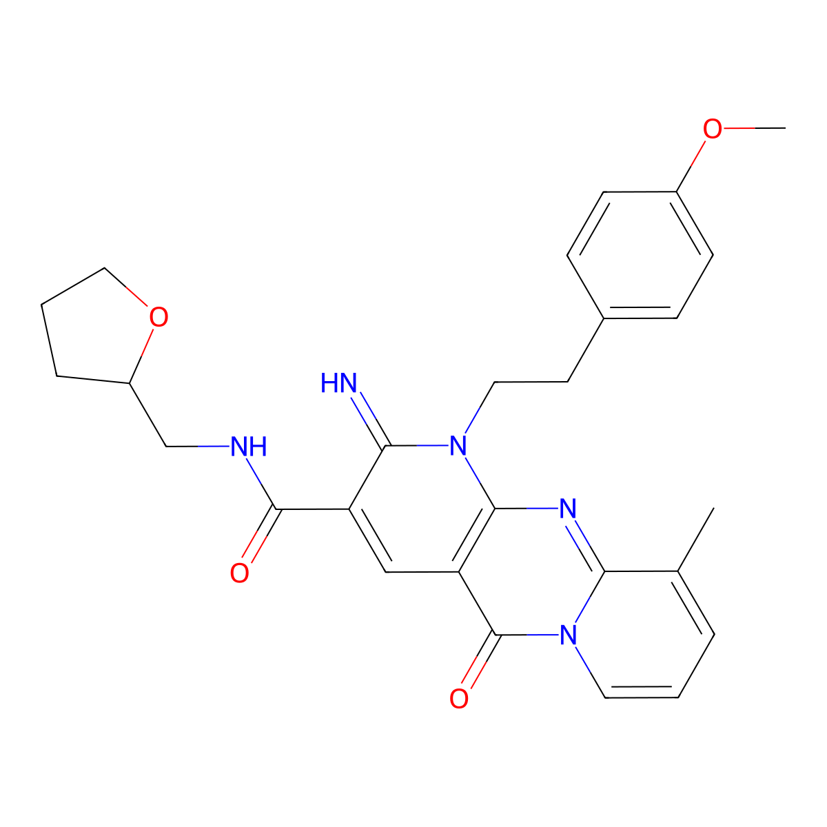 6-imino-7-[2-(4-methoxyphenyl)ethyl]-11-methyl-2-oxo-N-[(oxolan-2-yl)methyl]-1,7,9-triazatricyclo[8.4.0.0^{3,8}]tetradeca-3(8),4,9,11,13-pentaene-5-carboxamide molecular structure, CAS 847036-63-9