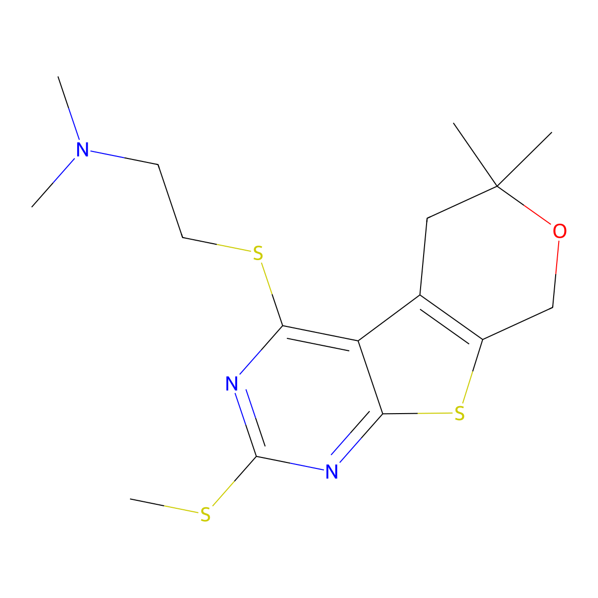 2-{[6,6-dimethyl-2-(methylsulfanyl)-5,8-dihydro-6H-pyrano[4',3':4,5]thieno[2,3-d]pyrimidin-4-yl]sulfanyl}-N,N-dimethylethanamine molecular structure, CAS 847036-94-6