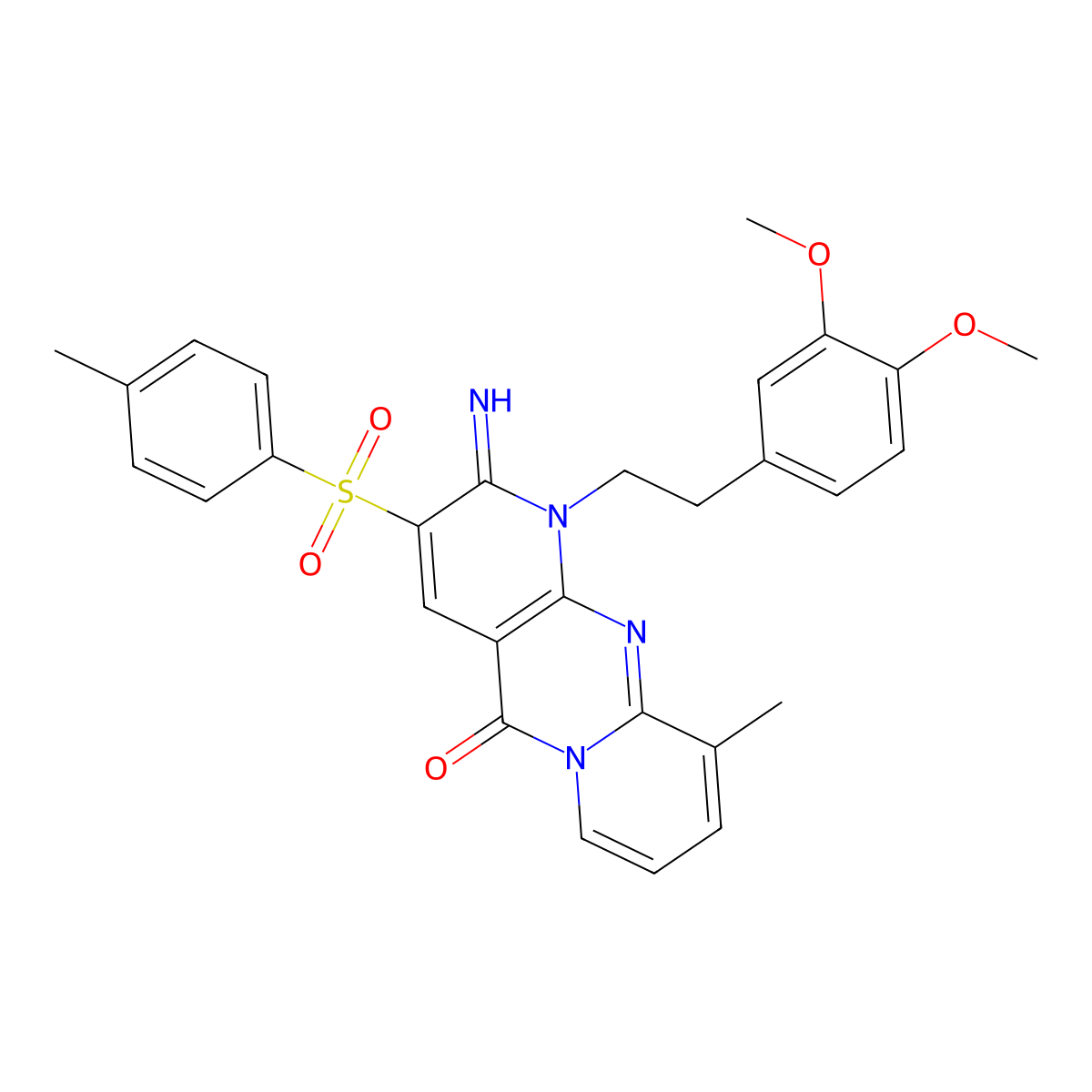 1-[2-(3,4-dimethoxyphenyl)ethyl]-2-imino-10-methyl-3-[(4-methylphenyl)sulfonyl]-1,2-dihydro-5H-dipyrido[1,2-a:2',3'-d]pyrimidin-5-one molecular structure, CAS 847037-26-7