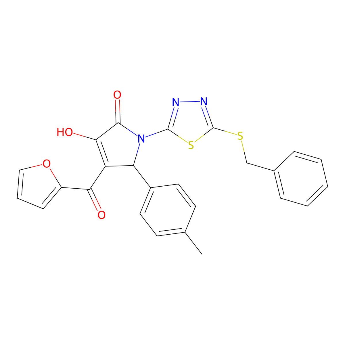 1-[5-(benzylsulfanyl)-1,3,4-thiadiazol-2-yl]-4-(furan-2-ylcarbonyl)-3-hydroxy-5-(4-methylphenyl)-1,5-dihydro-2H-pyrrol-2-one molecular structure, CAS 847044-26-2