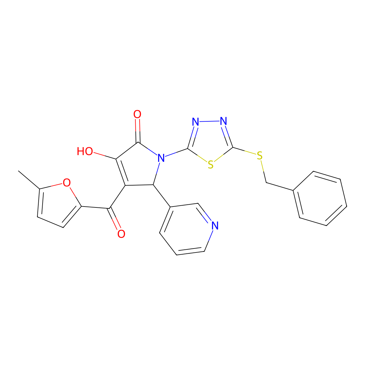 (4E)-1-[5-(benzylsulfanyl)-1,3,4-thiadiazol-2-yl]-4-[hydroxy(5-methylfuran-2-yl)methylidene]-5-(pyridin-3-yl)pyrrolidine-2,3-dione molecular structure, CAS 847045-02-7