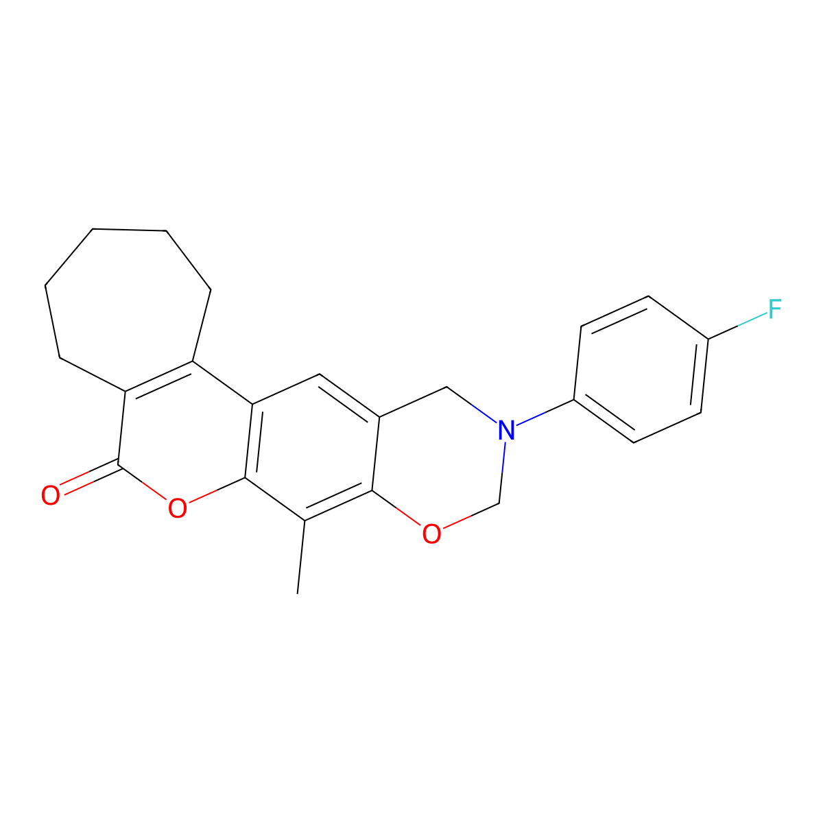 11-(4-fluorophenyl)-8-methyl-2,3,4,5,11,12-hexahydro-10H-cyclohepta[3,4]chromeno[6,7-e][1,3]oxazin-6(1H)-one molecular structure, CAS 847045-23-2