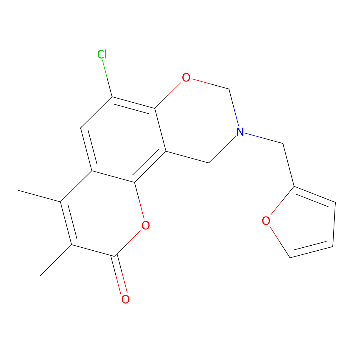 6-chloro-9-(2-furylmethyl)-3,4-dimethyl-9,10-dihydro-2H,8H-chromeno[8,7-e][1,3]oxazin-2-one molecular structure, CAS 847046-01-9