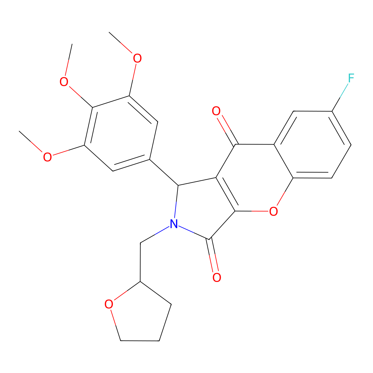 7-Fluoro-2-(tetrahydro-2-furanylmethyl)-1-(3,4,5-trimethoxyphenyl)-1,2-dihydrochromeno[2,3-c]pyrrole-3,9-dione molecular structure, CAS 847047-46-5