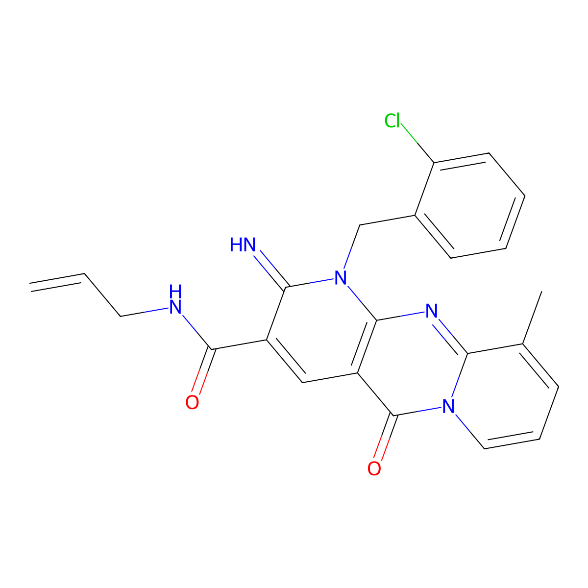 7-[(2-chlorophenyl)methyl]-6-imino-11-methyl-2-oxo-N-(prop-2-en-1-yl)-1,7,9-triazatricyclo[8.4.0.0^{3,8}]tetradeca-3(8),4,9,11,13-pentaene-5-carboxamide molecular structure, CAS 847048-43-5