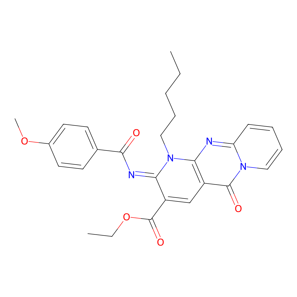 ethyl 2-[(4-methoxybenzoyl)imino]-5-oxo-1-pentyl-1,5-dihydro-2H-dipyrido[1,2-a:2,3-d]pyrimidine-3-carboxylate molecular structure, CAS 847160-13-8