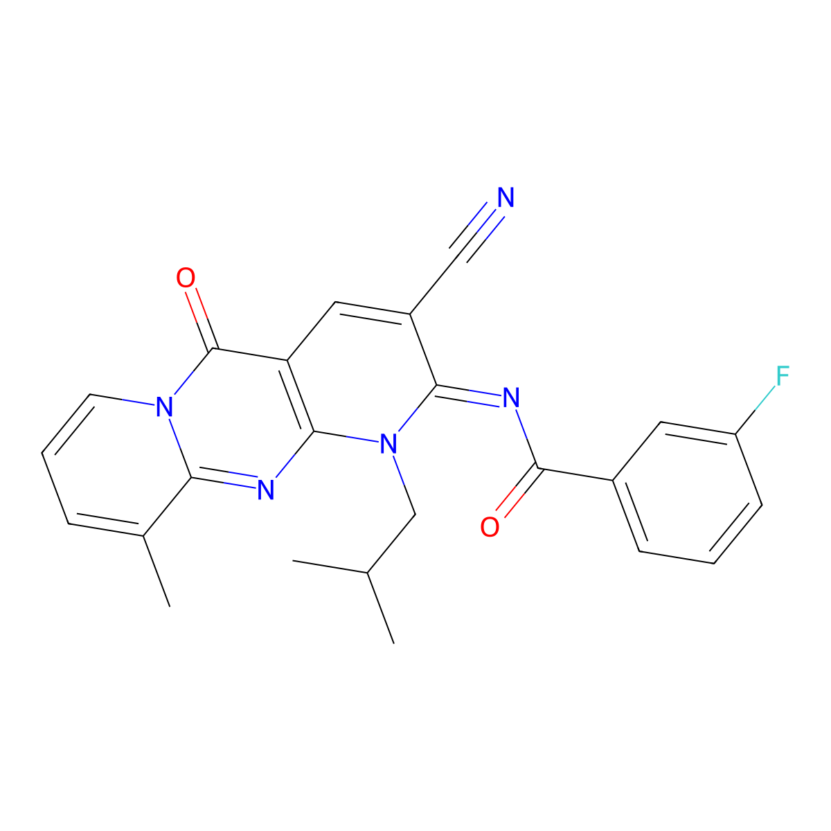 (E)-N-(3-cyano-1-isobutyl-10-methyl-5-oxo-1H-dipyrido[1,2-a:2',3'-d]pyrimidin-2(5H)-ylidene)-3-fluorobenzamide molecular structure, CAS 847160-20-7