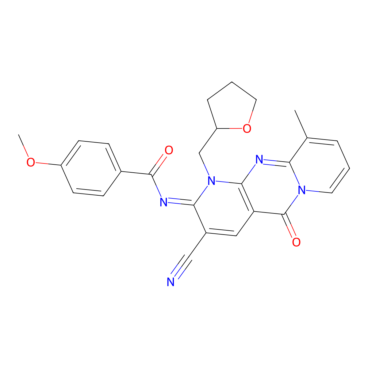 (E)-N-(3-cyano-10-methyl-5-oxo-1-((tetrahydrofuran-2-yl)methyl)-1H-dipyrido[1,2-a:2',3'-d]pyrimidin-2(5H)-ylidene)-4-methoxybenzamide molecular structure, CAS 847160-93-4
