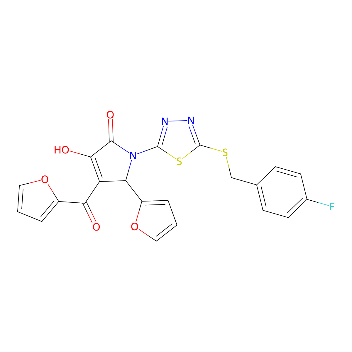 (4E)-1-{5-[(4-fluorobenzyl)sulfanyl]-1,3,4-thiadiazol-2-yl}-5-(furan-2-yl)-4-[furan-2-yl(hydroxy)methylidene]pyrrolidine-2,3-dione molecular structure, CAS 847160-94-5