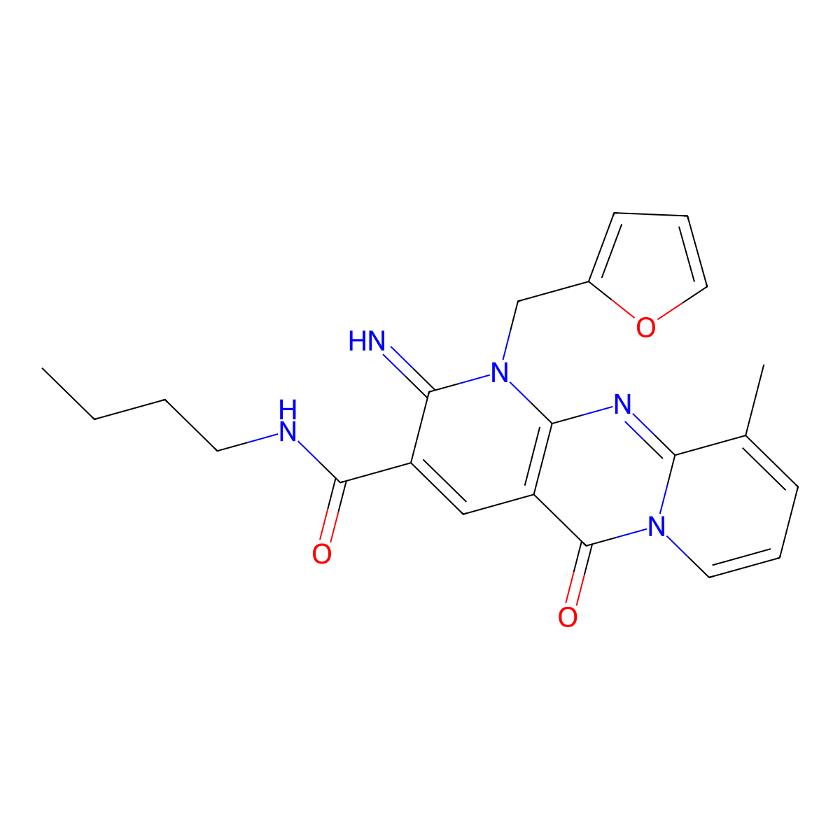 N-butyl-7-[(furan-2-yl)methyl]-6-imino-11-methyl-2-oxo-1,7,9-triazatricyclo[8.4.0.0^{3,8}]tetradeca-3(8),4,9,11,13-pentaene-5-carboxamide molecular structure, CAS 847161-75-5