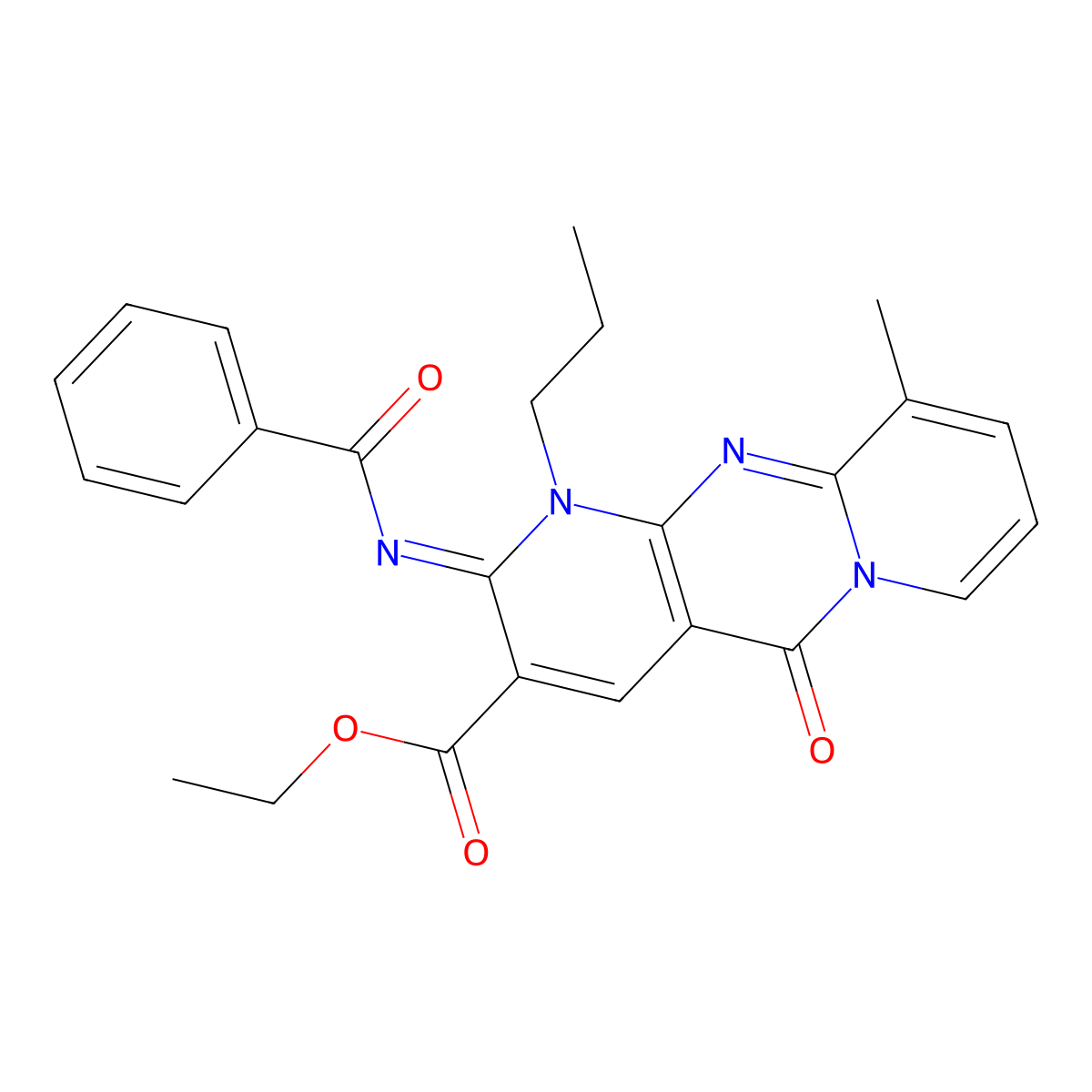 ethyl 2-(benzoylimino)-10-methyl-5-oxo-1-propyl-1,5-dihydro-2H-dipyrido[1,2-a:2,3-d]pyrimidine-3-carboxylate molecular structure, CAS 847163-32-0