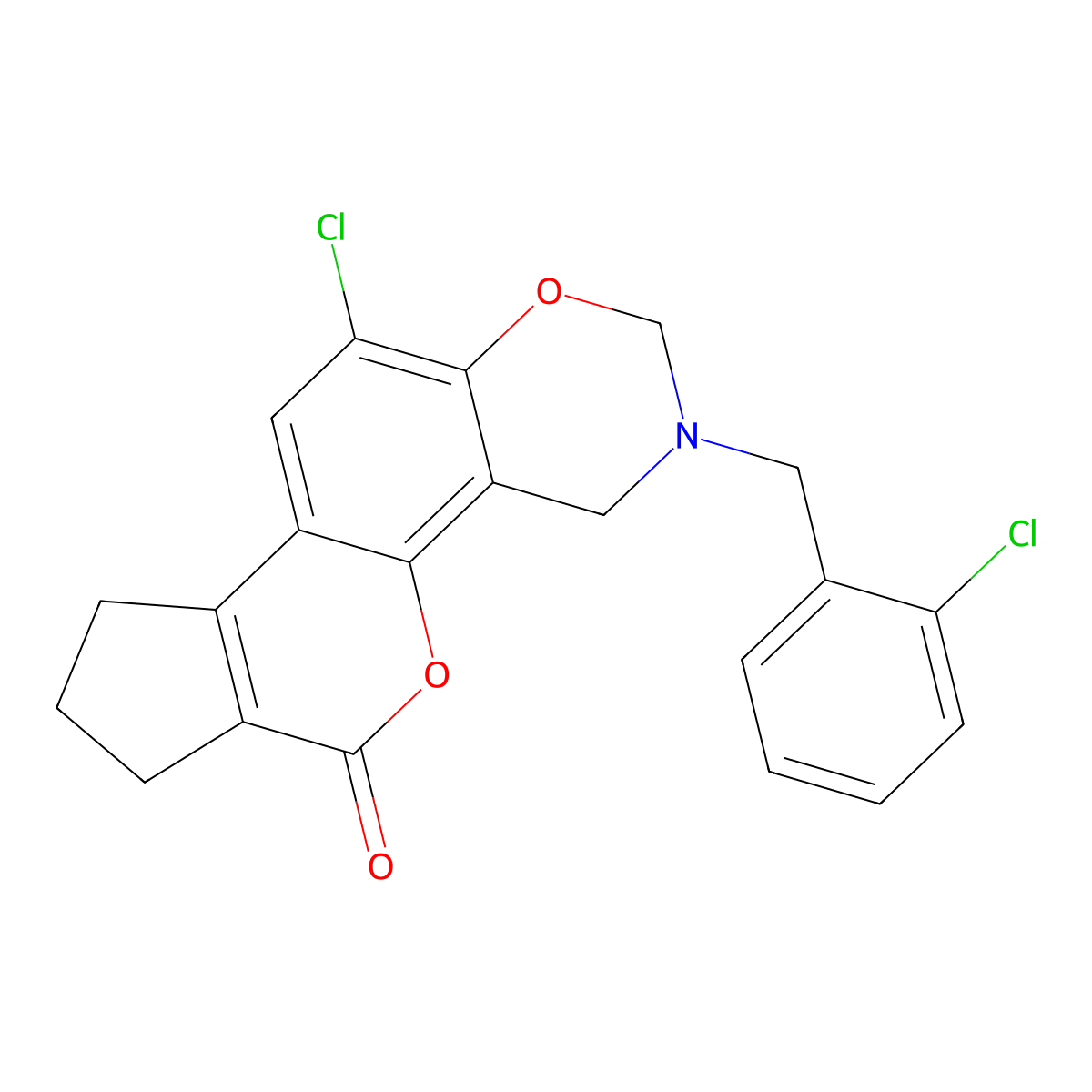 11-chloro-3-(2-chlorobenzyl)-3,4,8,9-tetrahydro-2H-cyclopenta[3,4]chromeno[8,7-e][1,3]oxazin-6(7H)-one molecular structure, CAS 847163-69-3