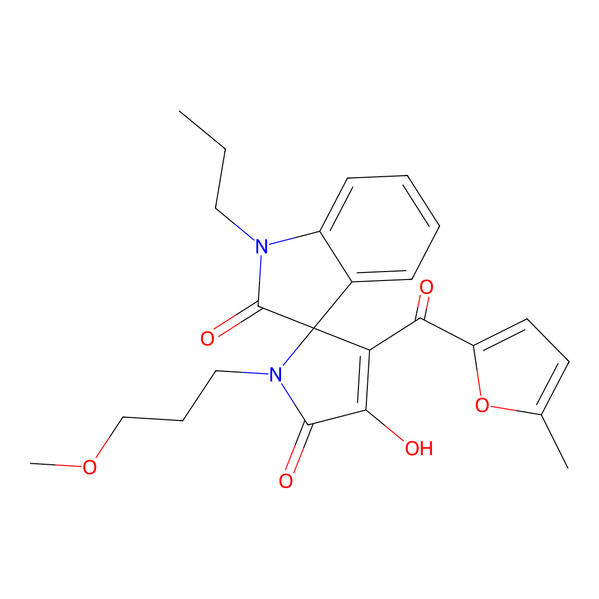 (3'E)-3'-[hydroxy(5-methylfuran-2-yl)methylidene]-1'-(3-methoxypropyl)-1-propylspiro[indole-3,2'-pyrrolidine]-2,4',5'(1H)-trione molecular structure, CAS 847163-97-7