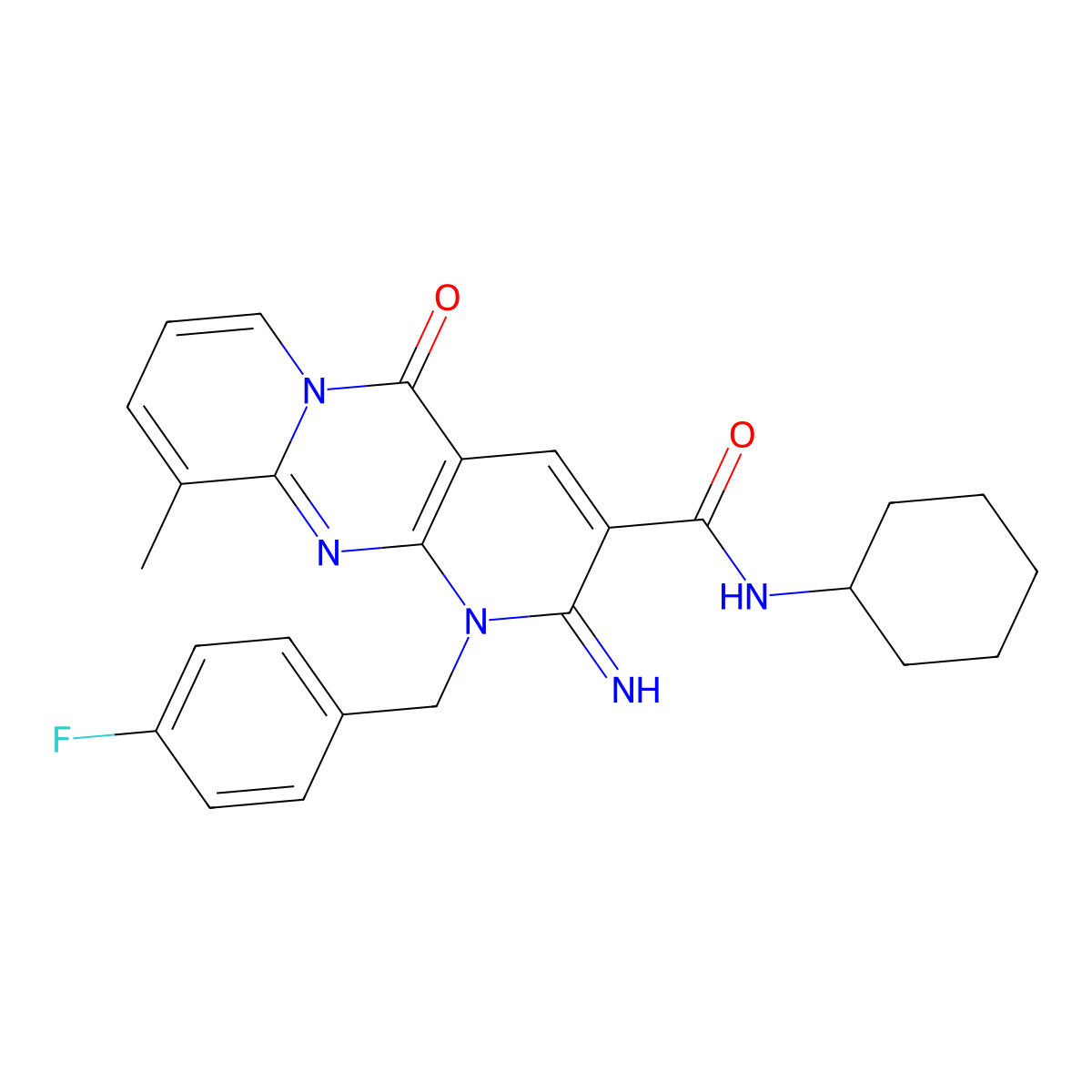 N-cyclohexyl{1-[(4-fluorophenyl)methyl]-2-imino-10-methyl-5-oxo(1,6-dihydropyr idino[2,3-d]pyridino[1,2-a]pyrimidin-3-yl)}carboxamide molecular structure, CAS 847164-89-0