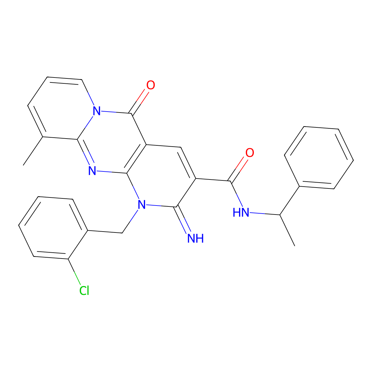 7-[(2-chlorophenyl)methyl]-6-imino-11-methyl-2-oxo-N-(1-phenylethyl)-1,7,9-triazatricyclo[8.4.0.0^{3,8}]tetradeca-3(8),4,9,11,13-pentaene-5-carboxamide molecular structure, CAS 847164-90-3