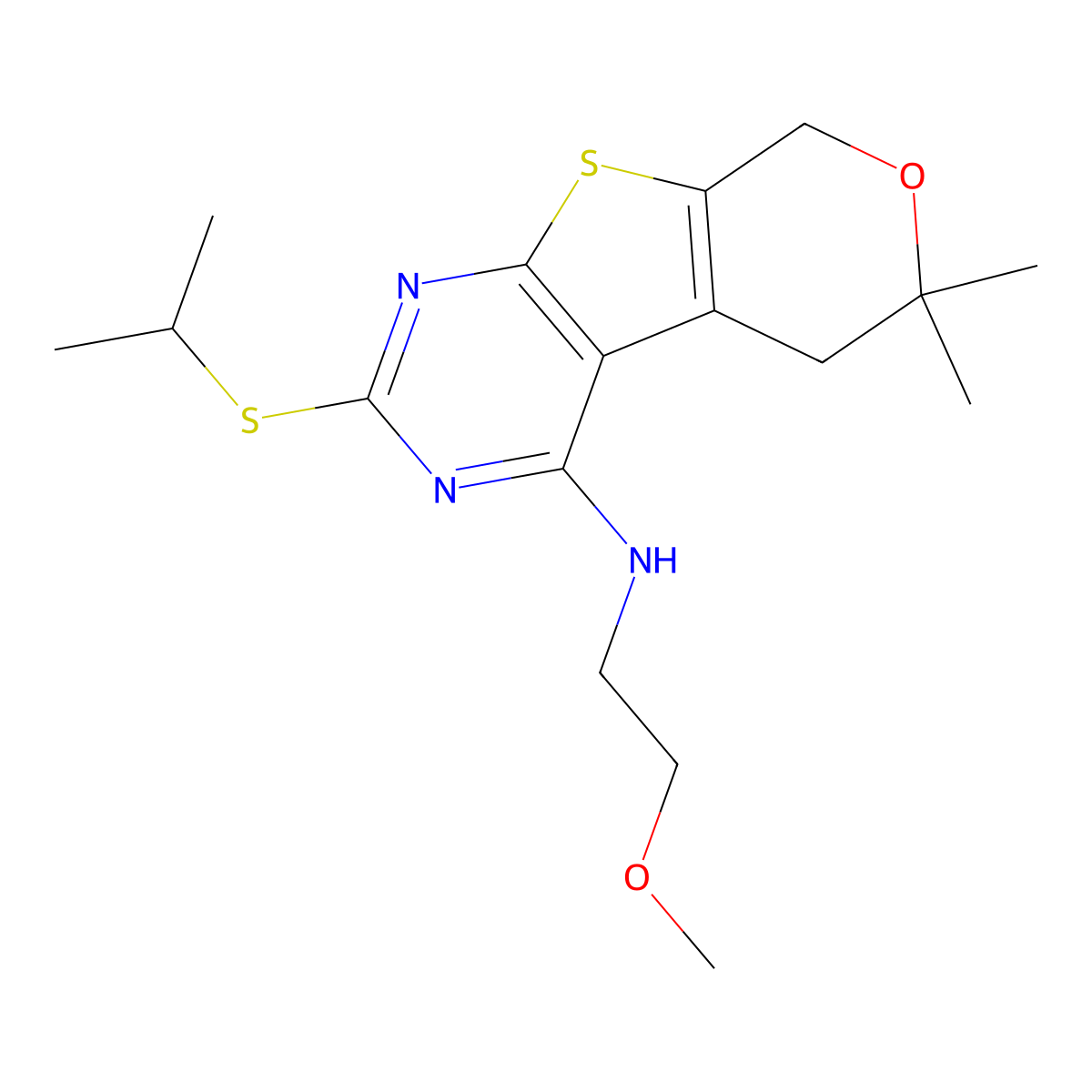 N-(2-methoxyethyl)-6,6-dimethyl-2-propan-2-ylsulfanyl-5,8-dihydropyrano[4,5]thieno[1,2-c]pyrimidin-4-amine molecular structure, CAS 847176-71-0