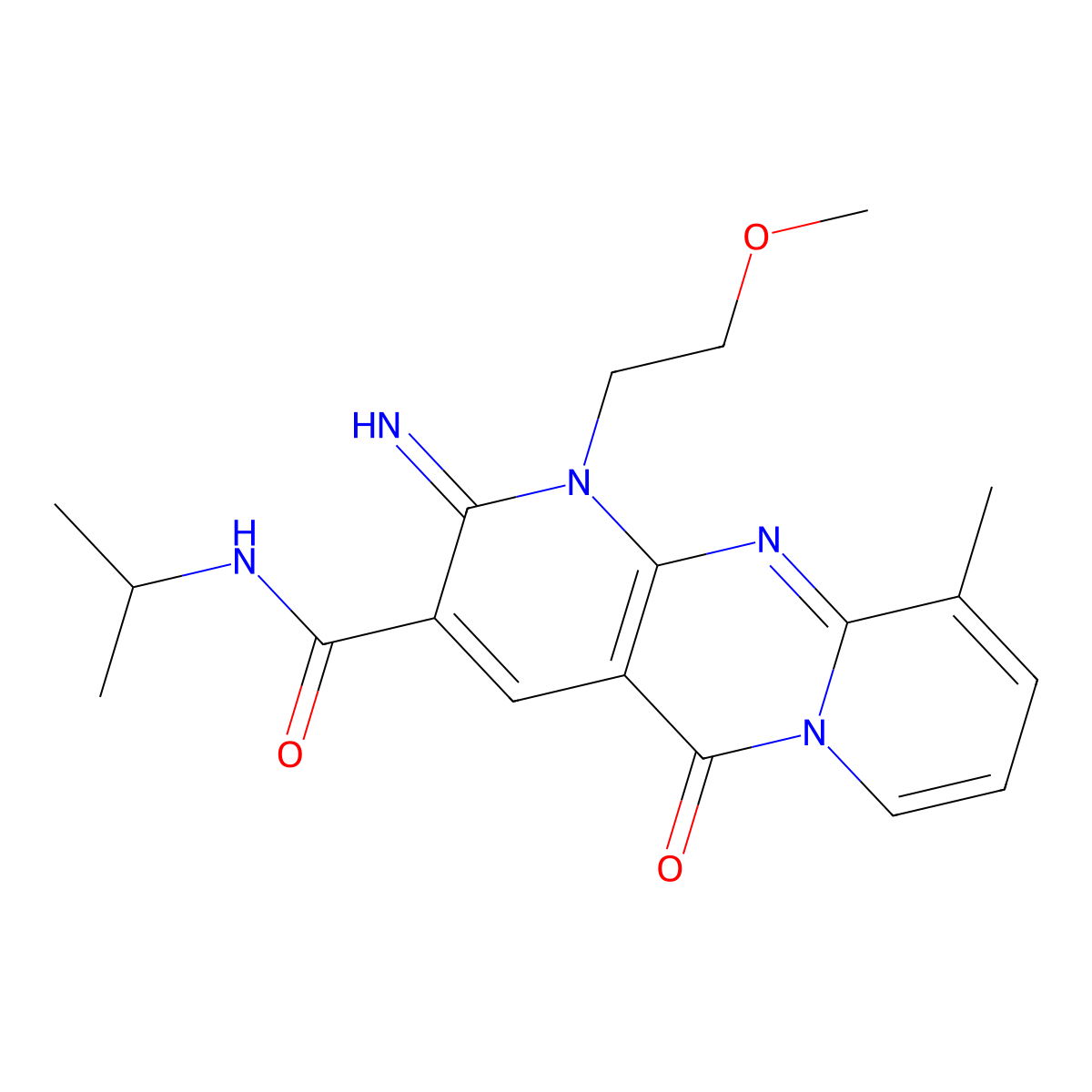 6-imino-7-(2-methoxyethyl)-11-methyl-2-oxo-N-(propan-2-yl)-1,7,9-triazatricyclo[8.4.0.0^{3,8}]tetradeca-3(8),4,9,11,13-pentaene-5-carboxamide molecular structure, CAS 847177-23-5