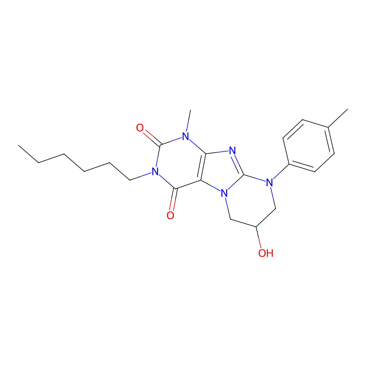 3-hexyl-7-hydroxy-1-methyl-9-(4-methylphenyl)-1H,2H,3H,4H,6H,7H,8H,9H-pyrimido[1,2-g]purine-2,4-dione molecular structure, CAS 847177-93-9