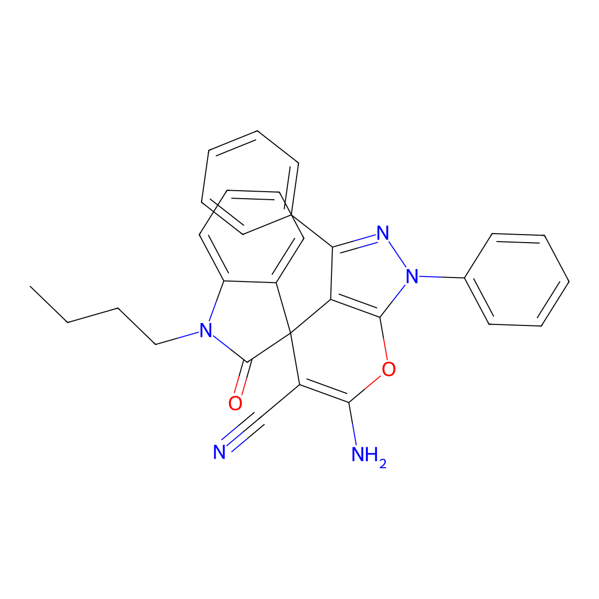 6'-Amino-1-butyl-2-oxo-1',3'-diphenylspiro[indole-3,4'-pyrano[2,3-c]pyrazole]-5'-carbonitrile molecular structure, CAS 847178-03-4