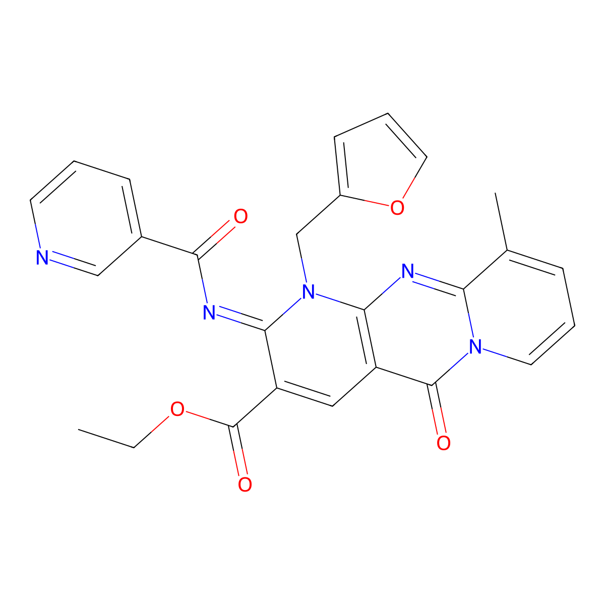 (Z)-ethyl 1-(furan-2-ylmethyl)-10-methyl-2-(nicotinoylimino)-5-oxo-2,5-dihydro-1H-dipyrido[1,2-a:2',3'-d]pyrimidine-3-carboxylate molecular structure, CAS 847179-05-9