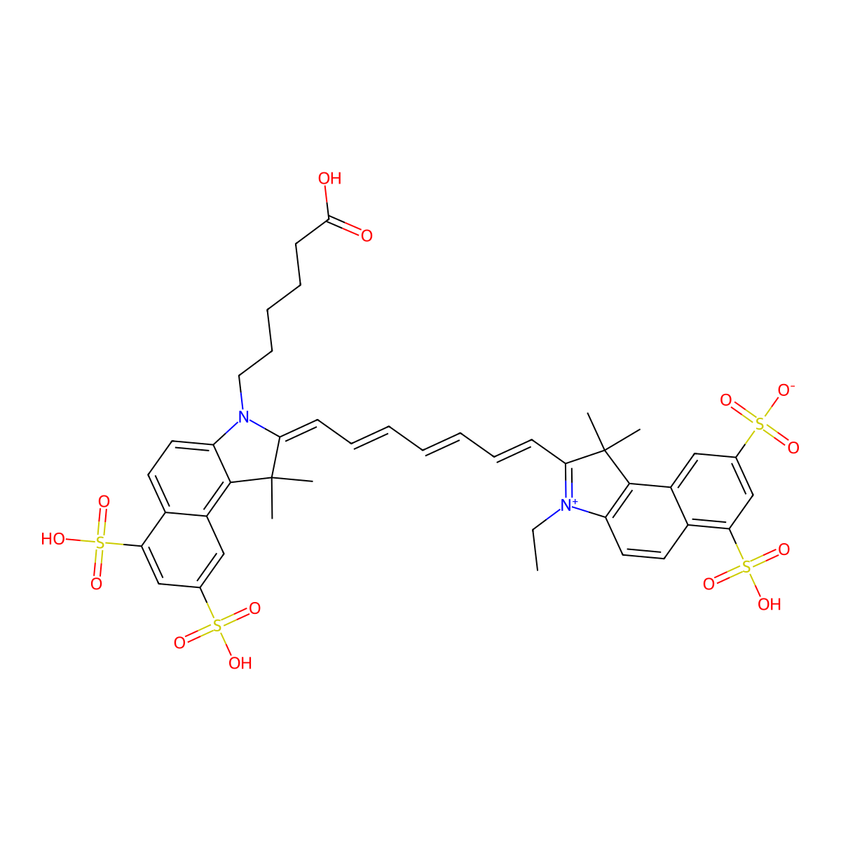 (2E)-2-[(2E,4E,6E)-7-[3-(5-carboxypentyl)-1,1-dimethyl-6,8-disulfobenzo[e]indol-3-ium-2-yl]hepta-2,4,6-trienylidene]-3-ethyl-1,1-dimethyl-6-sulfobenzo[e]indole-8-sulfonate molecular structure, CAS 847180-48-7