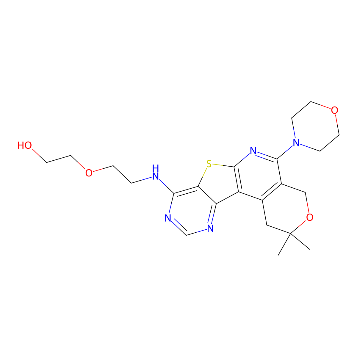 2-(2-((2,2-dimethyl-5-morpholino-2,4-dihydro-1H-pyrano[4'',3'':4',5']pyrido[3',2':4,5]thieno[3,2-d]pyrimidin-8-yl)amino)ethoxy)ethanol molecular structure, CAS 847180-95-4