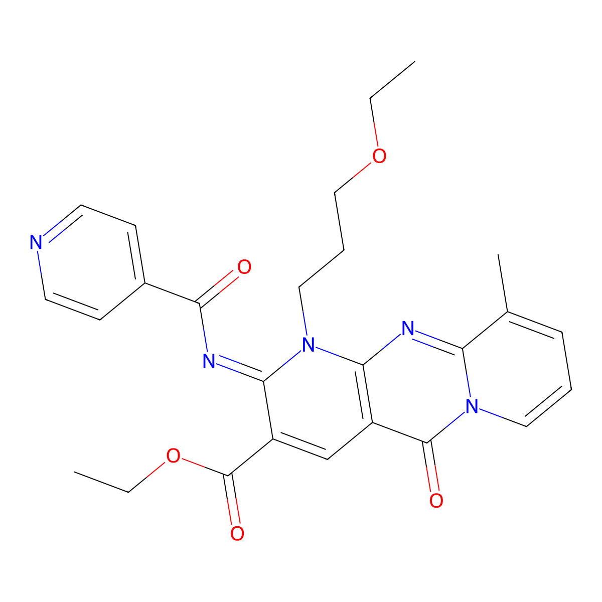 ethyl 1-(3-ethoxypropyl)-2-(isonicotinoylimino)-10-methyl-5-oxo-1,5-dihydro-2H-dipyrido[1,2-a:2,3-d]pyrimidine-3-carboxylate molecular structure, CAS 847181-84-4